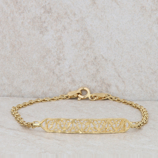 14k Yellow Gold Link with Filigree Tag Bracelet 7" 2.97g