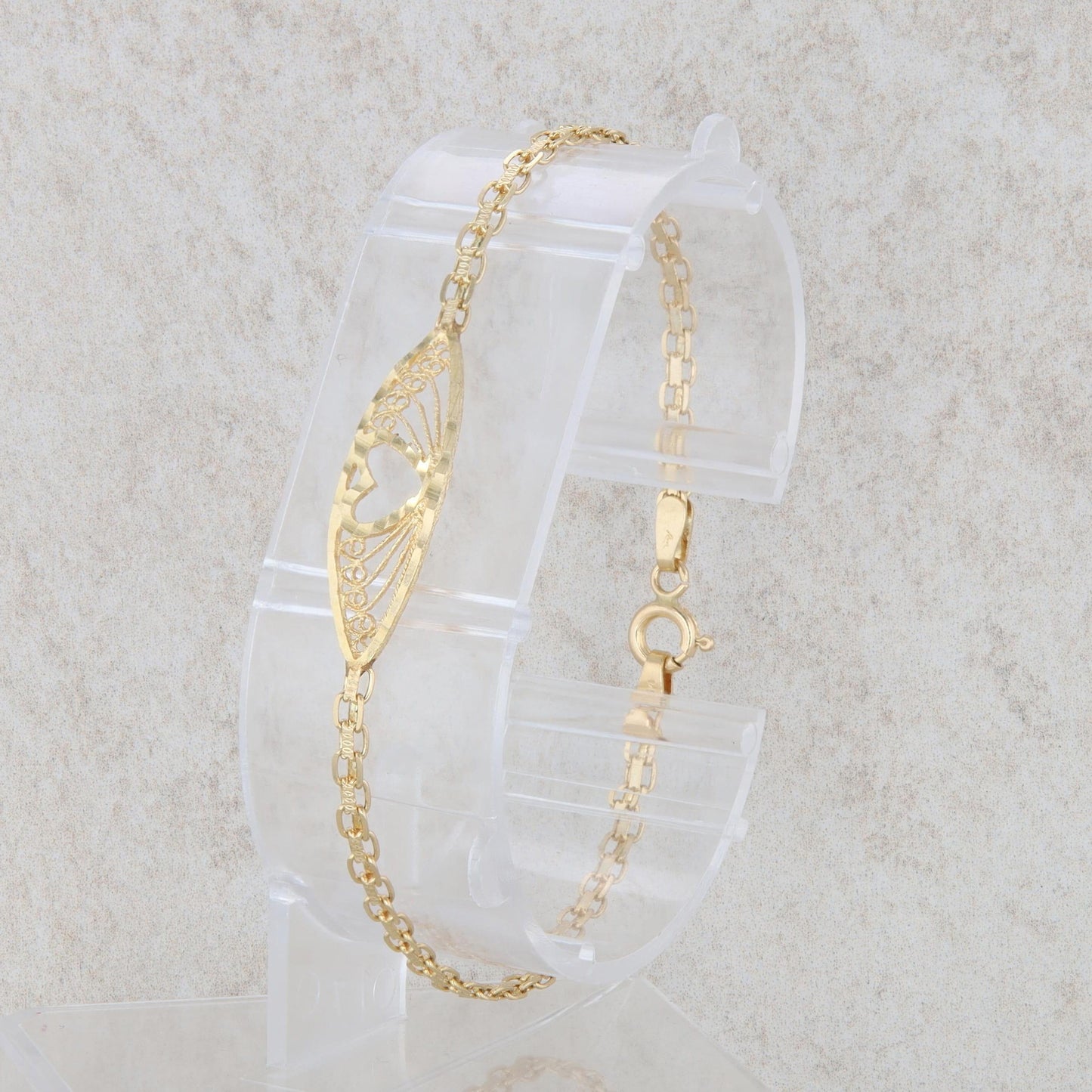 14k Yellow Gold Heart Cutout Tag Filigree Bracelet 2.74g