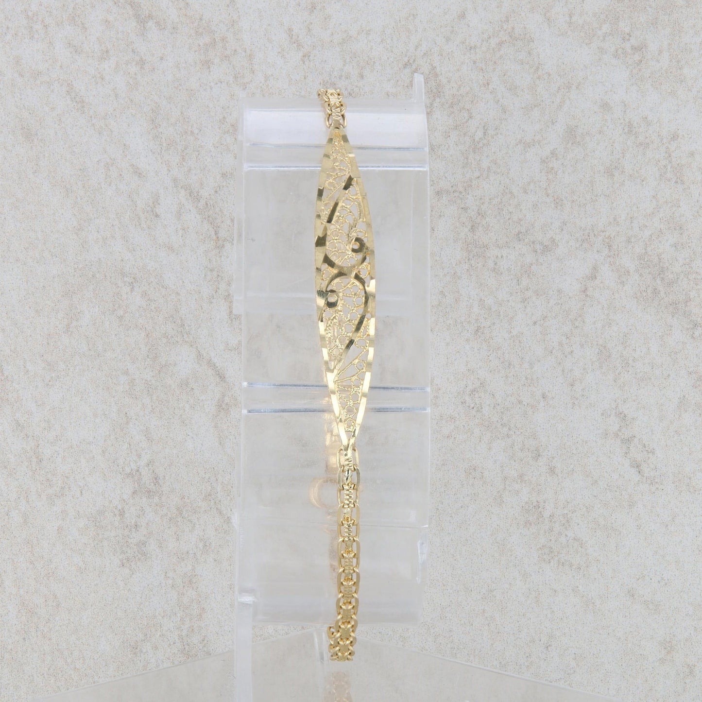 14k Yellow Gold Link with Filigree Swirl Tag Bracelet 6.5" 2.77g