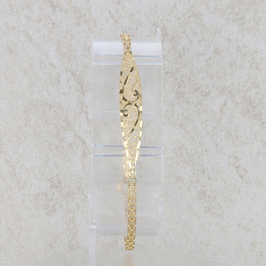 14k Yellow Gold Link with Filigree Swirl Tag Bracelet 6.5" 2.77g