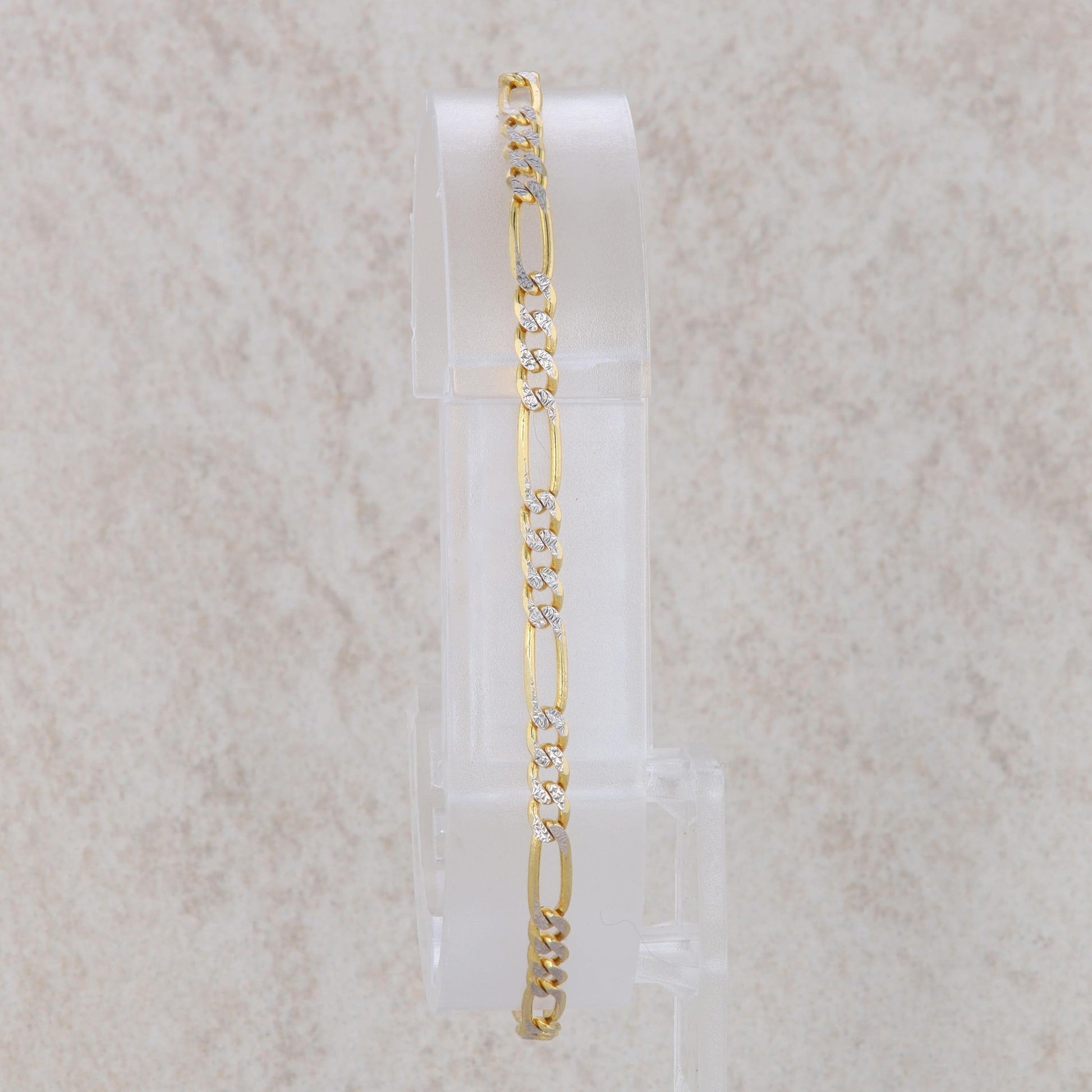 14k Yellow Gold and Rhodium Figaro Bracelet 7" 2.97g