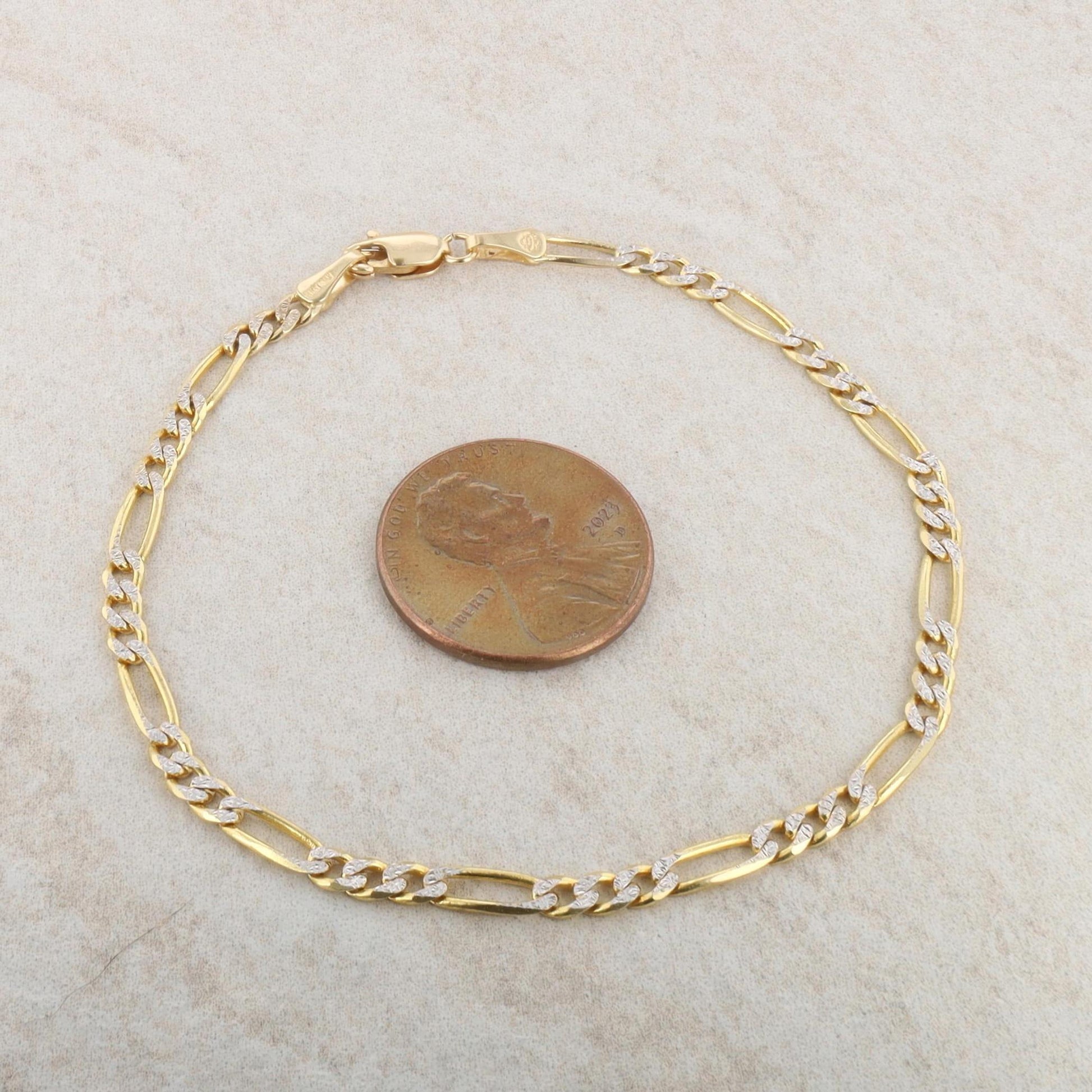 14k Yellow Gold and Rhodium Figaro Bracelet 7" 2.97g