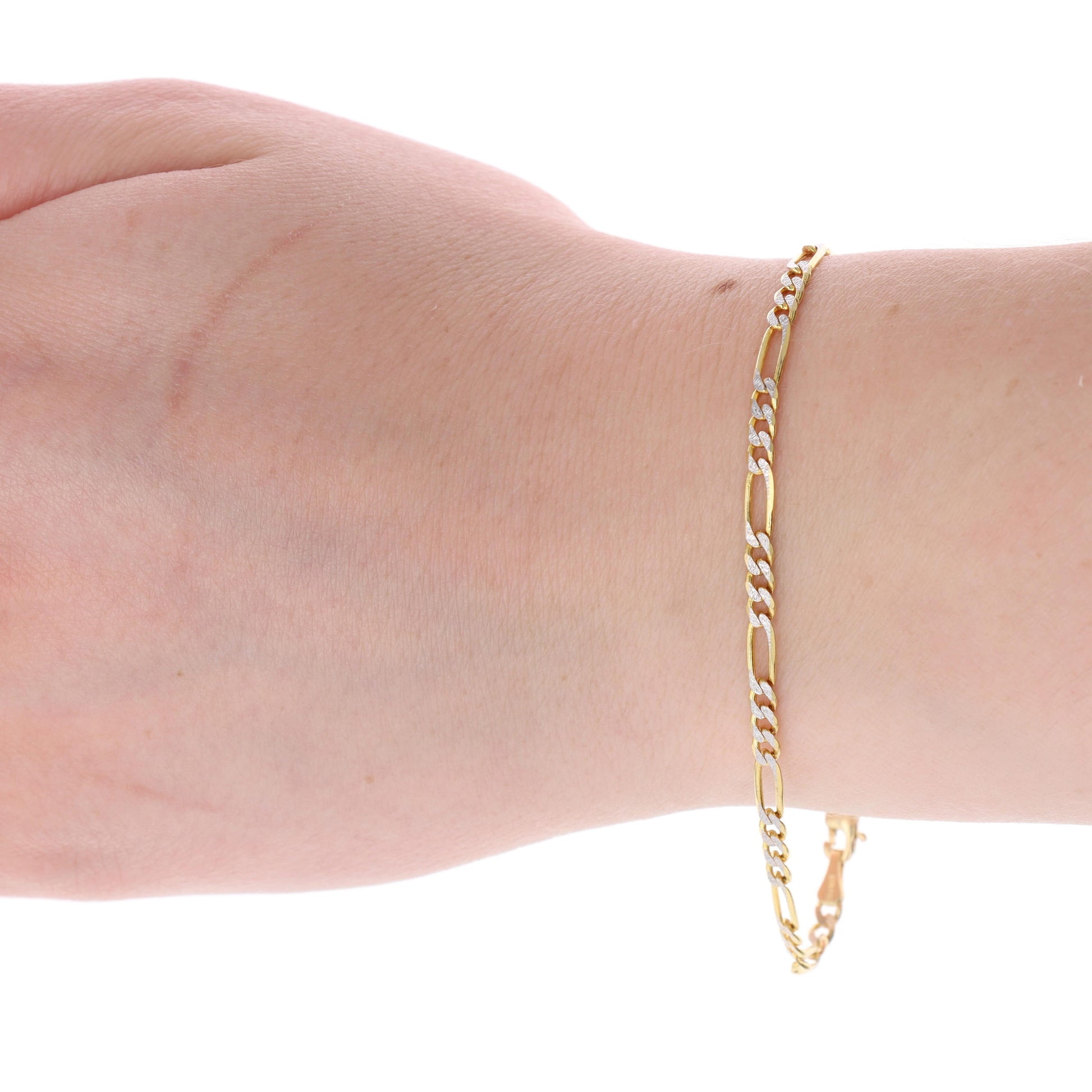 14k Yellow Gold and Rhodium Figaro Bracelet 7" 2.97g