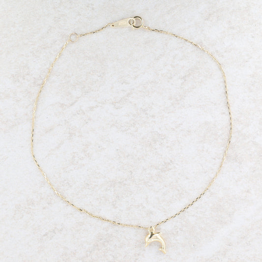 14k Yellow Gold Dolphin Charm Anklet 9-10"