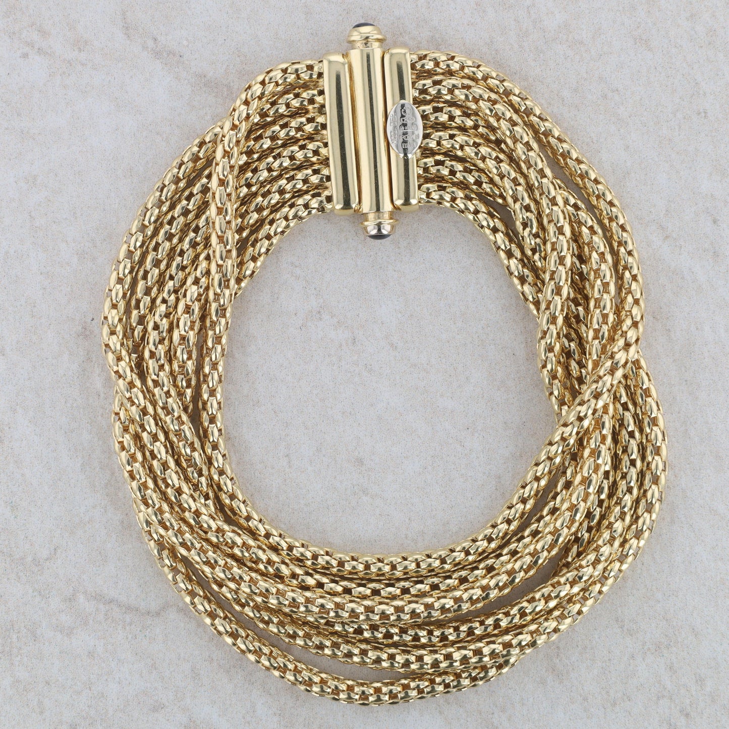 18k Yellow Gold Popcorn Chain 5 Strand Cabochon Sapphire Clasp Bracelet, FOPE