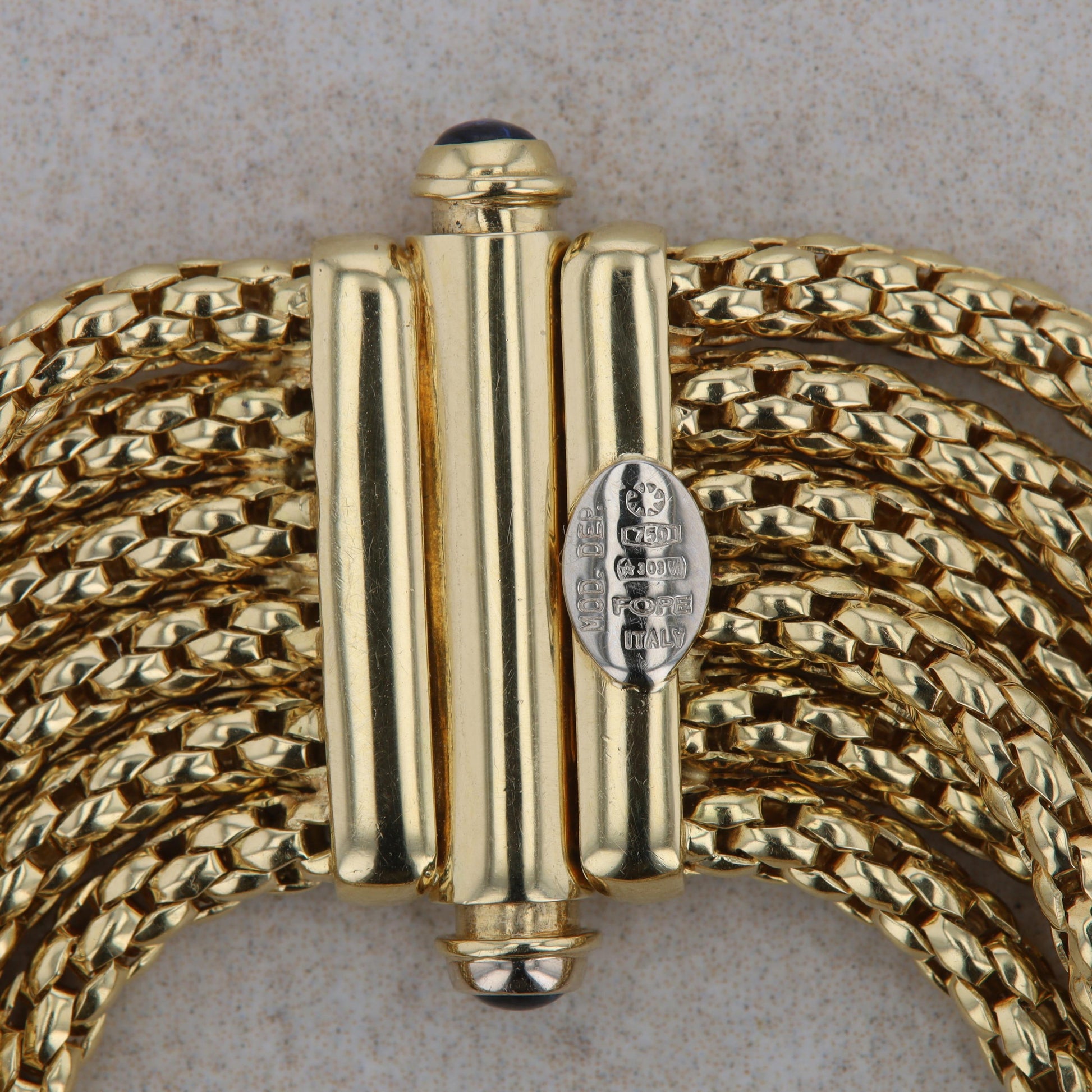18k Yellow Gold Popcorn Chain 5 Strand Cabochon Sapphire Clasp Bracelet, FOPE