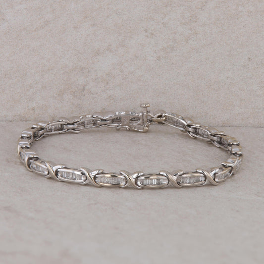 10k White Gold Baguette Diamond X Link Bracelet