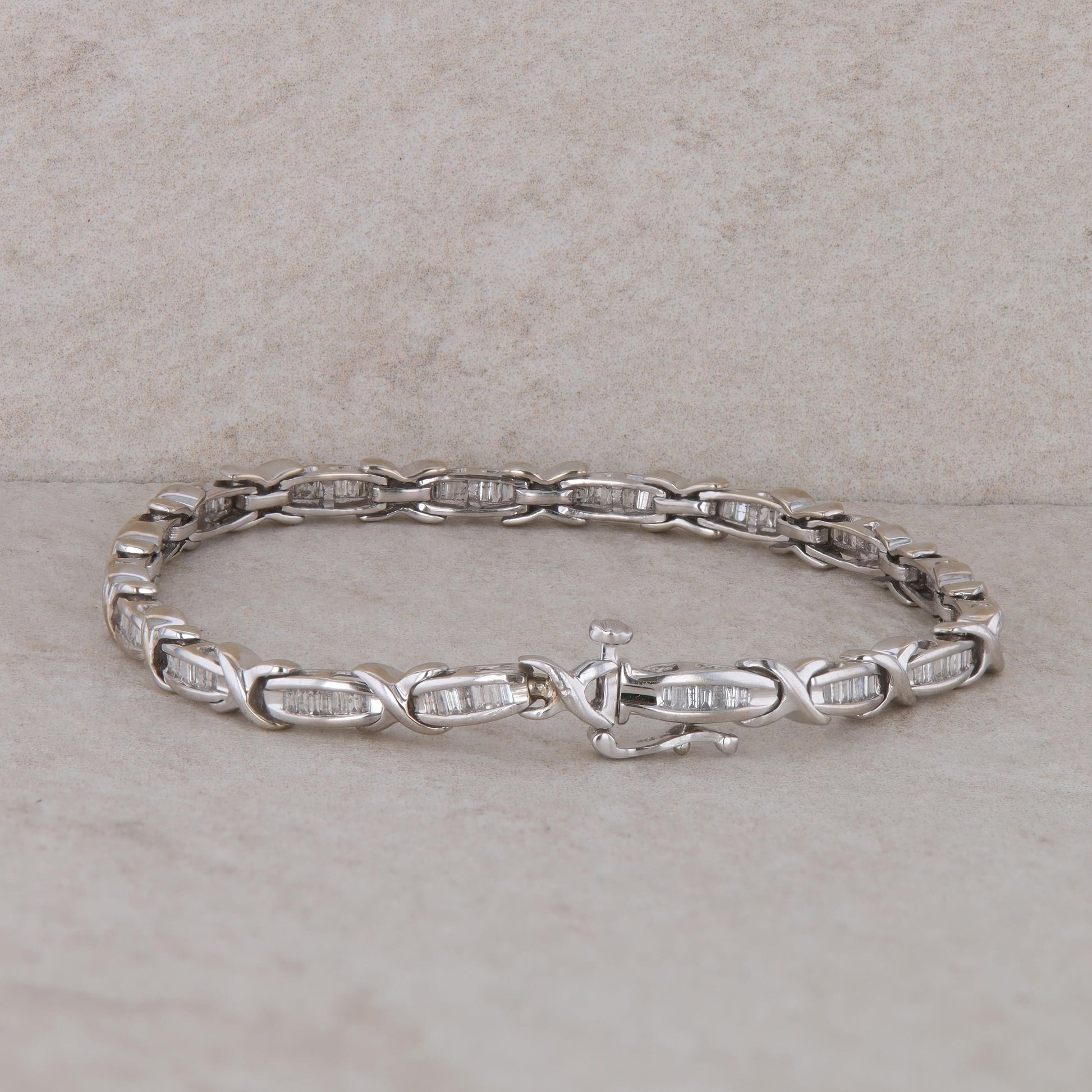 10k White Gold Baguette Diamond X Link Bracelet