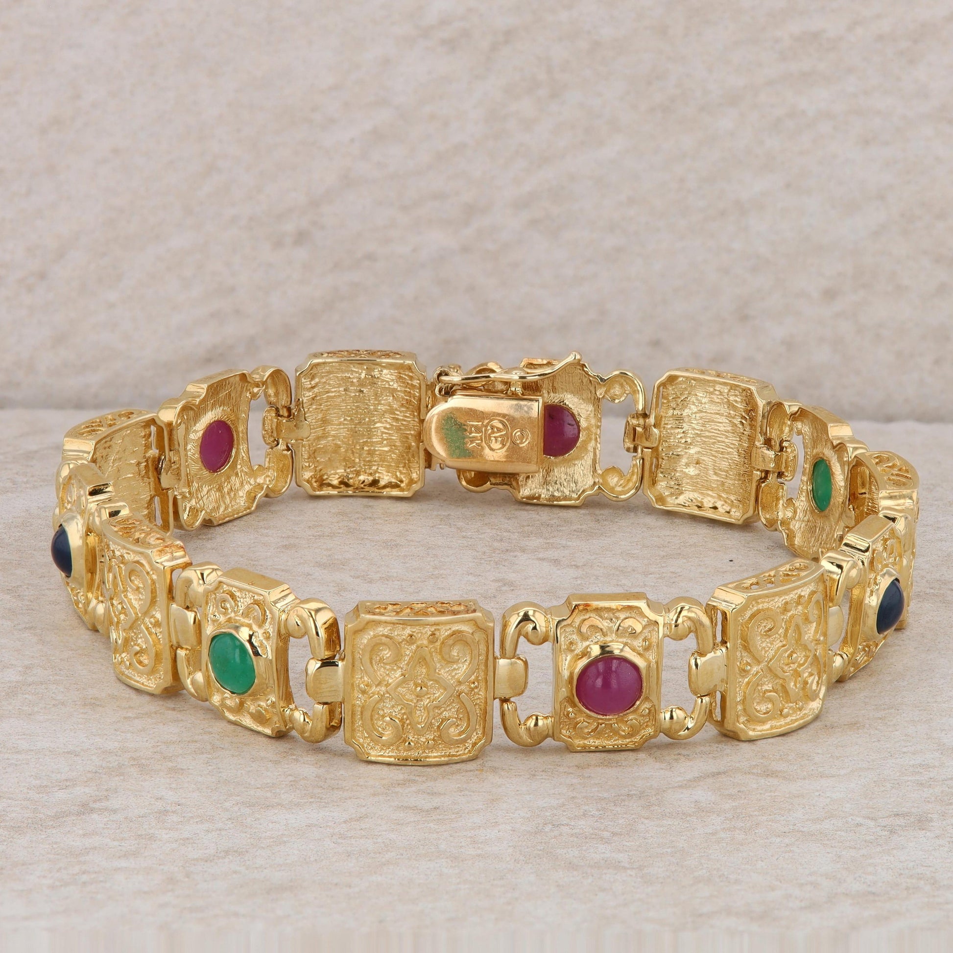 14k Yellow Gold Etruscan Link Bracelet with Ruby, Emerald, and Sapphires