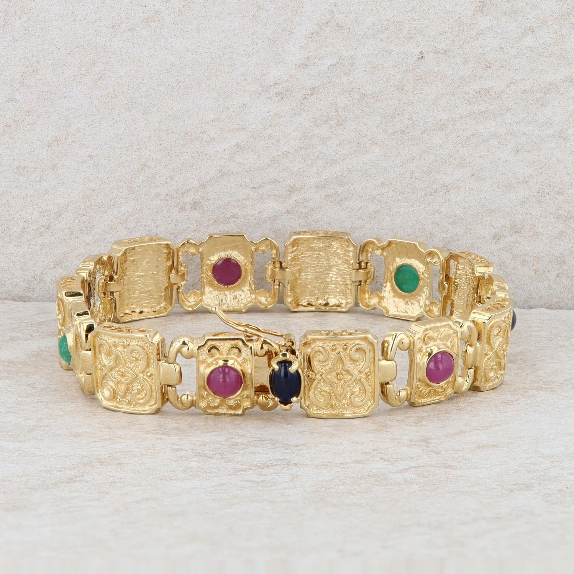 14k Yellow Gold Etruscan Link Bracelet with Ruby, Emerald, and Sapphires