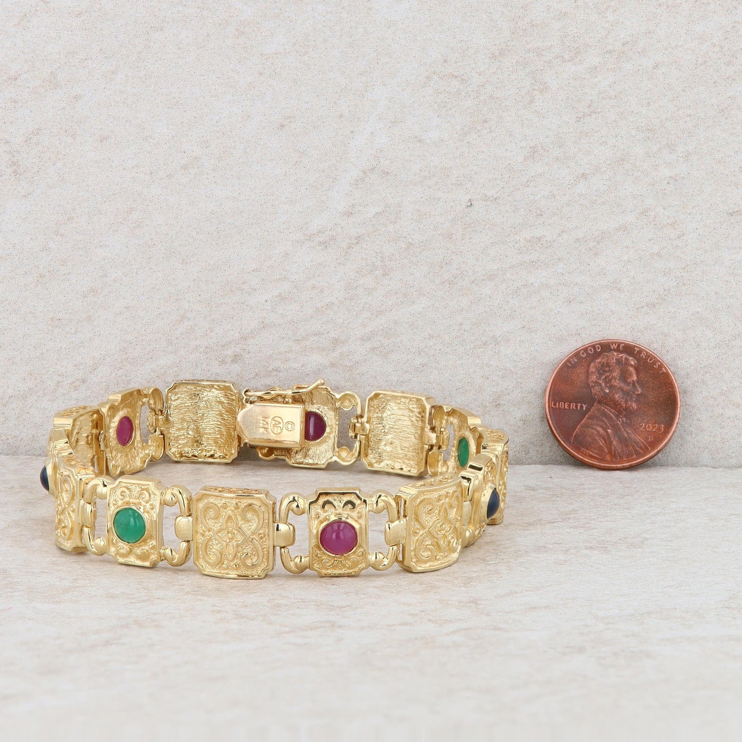 14k Yellow Gold Etruscan Link Bracelet with Ruby, Emerald, and Sapphires