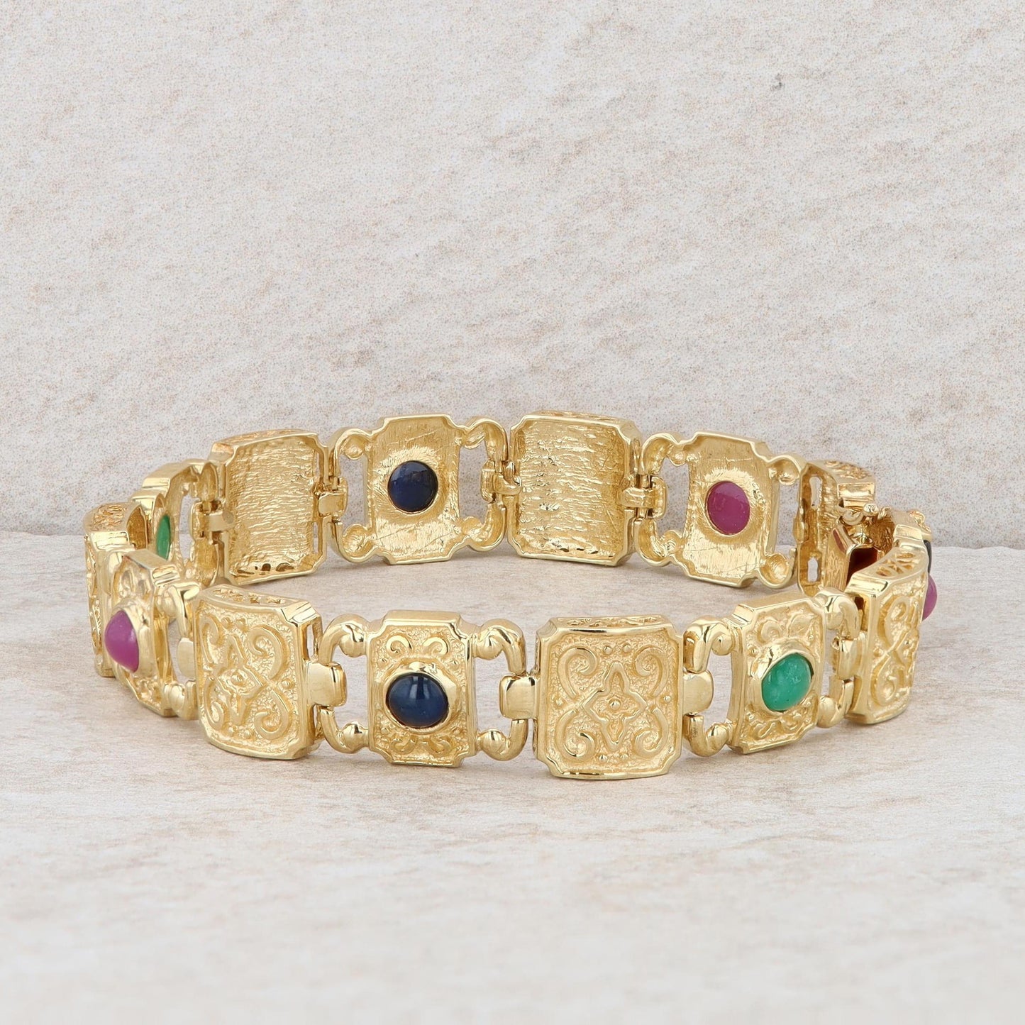 14k Yellow Gold Etruscan Link Bracelet with Ruby, Emerald, and Sapphires