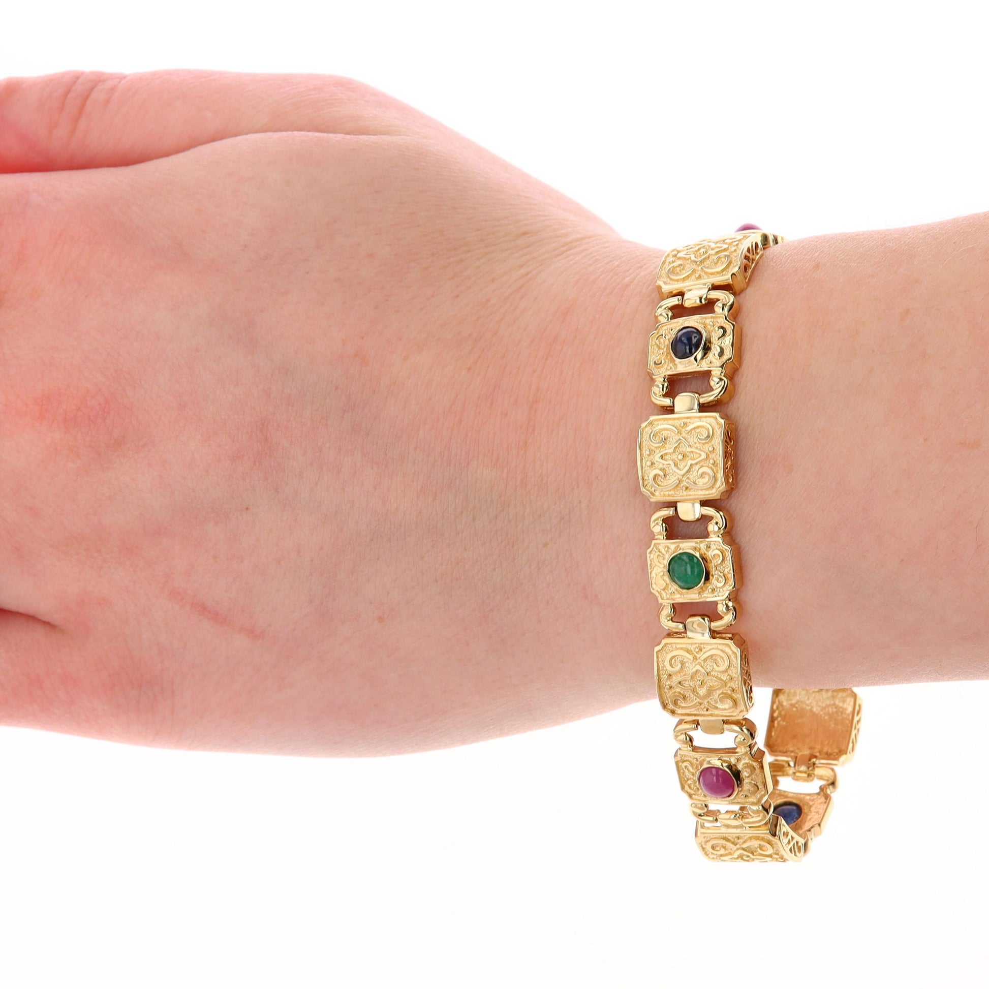 14k Yellow Gold Etruscan Link Bracelet with Ruby, Emerald, and Sapphires