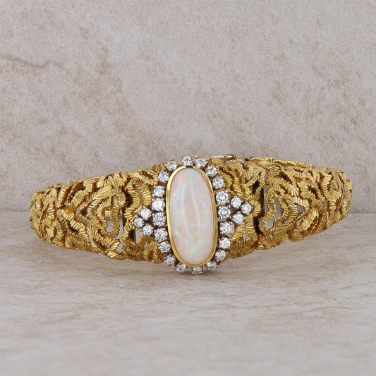 18k Yellow Gold Opal and Diamond Halo Textured Wavy Bracelet