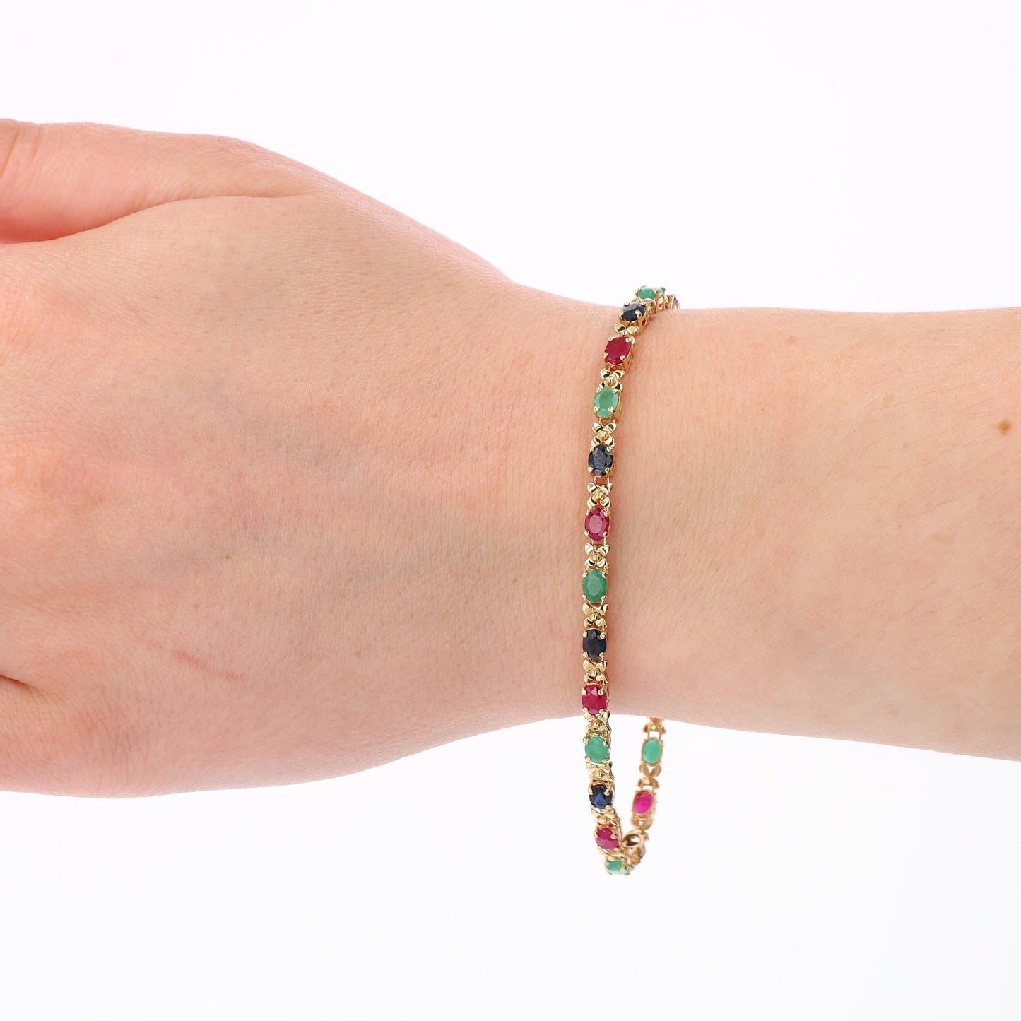 14k Yellow Gold Ruby, Sapphire and Emerald Bracelet