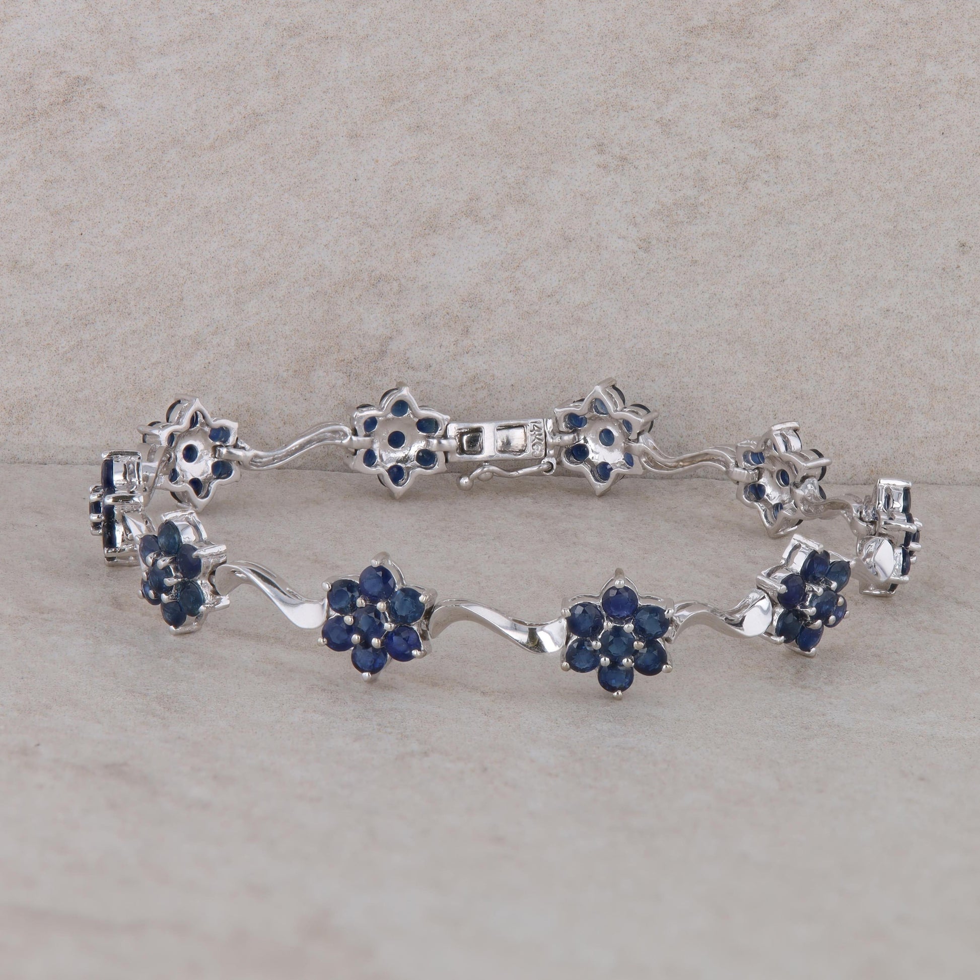 14k White Gold Sapphire Flower Station Bracelet