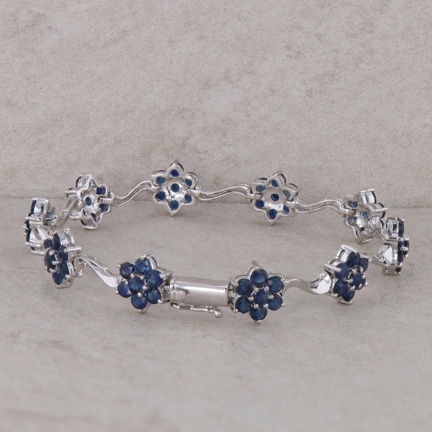 14k White Gold Sapphire Flower Station Bracelet