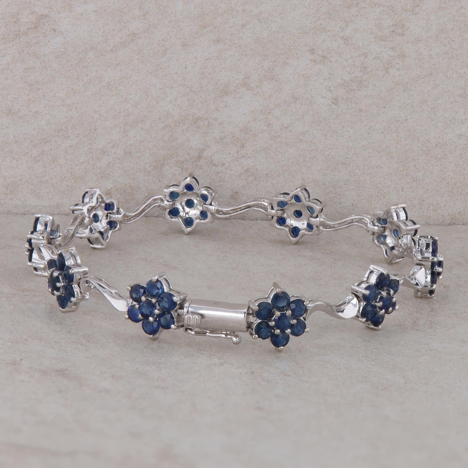 14k White Gold Sapphire Flower Station Bracelet