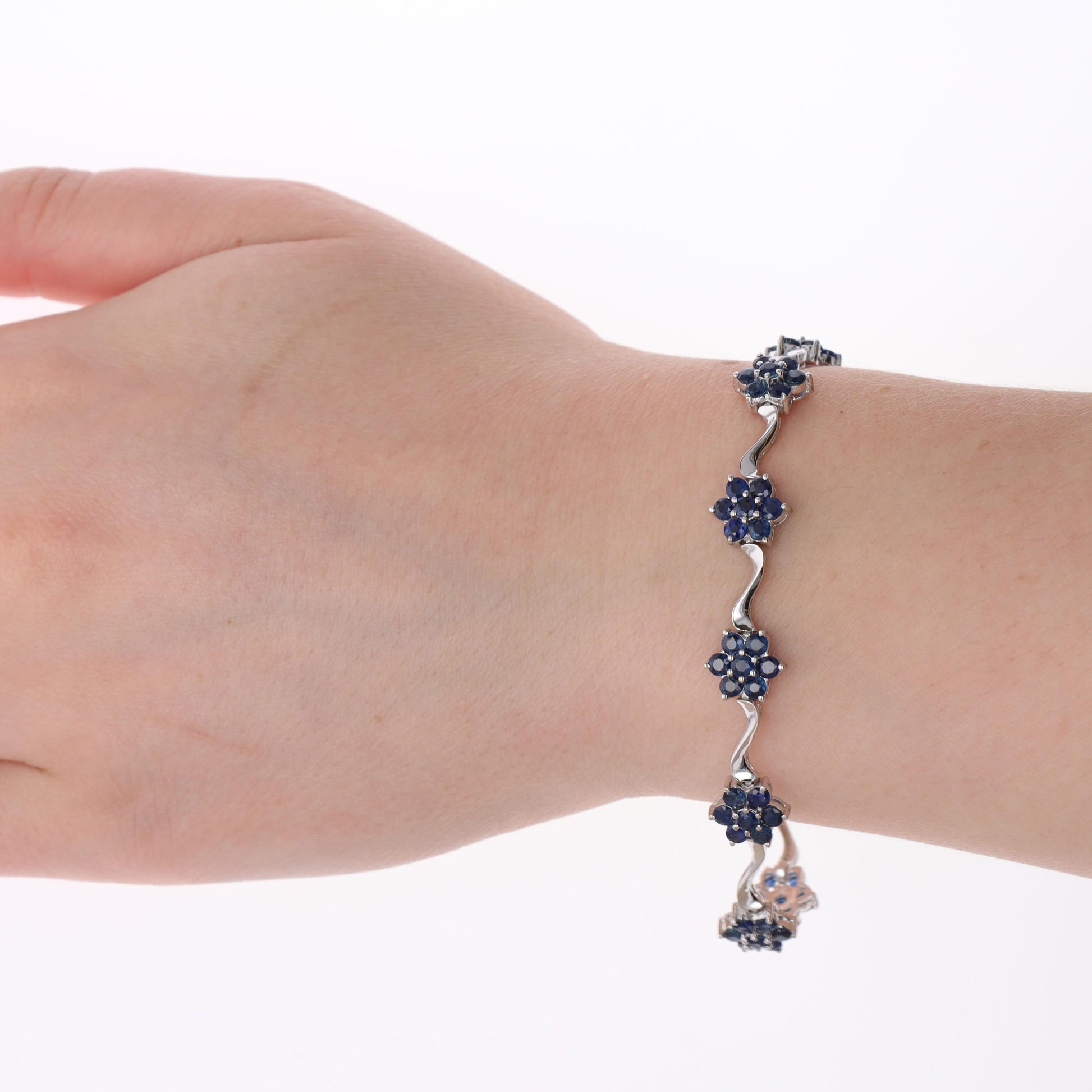 14k White Gold Sapphire Flower Station Bracelet