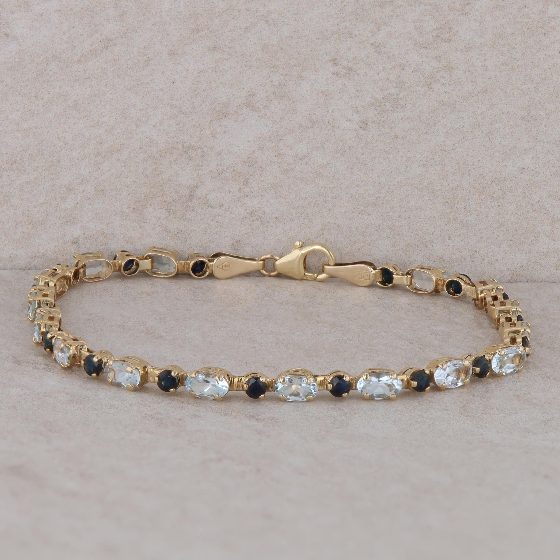 14k Yellow Gold Sapphire and White Topaz Bracelet 7"