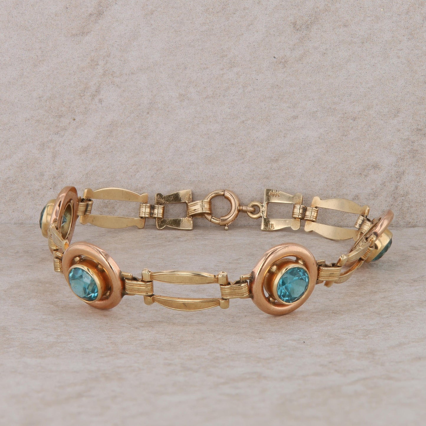 14k Yellow and Rose Blue Zircon Fashion Link Bracelet