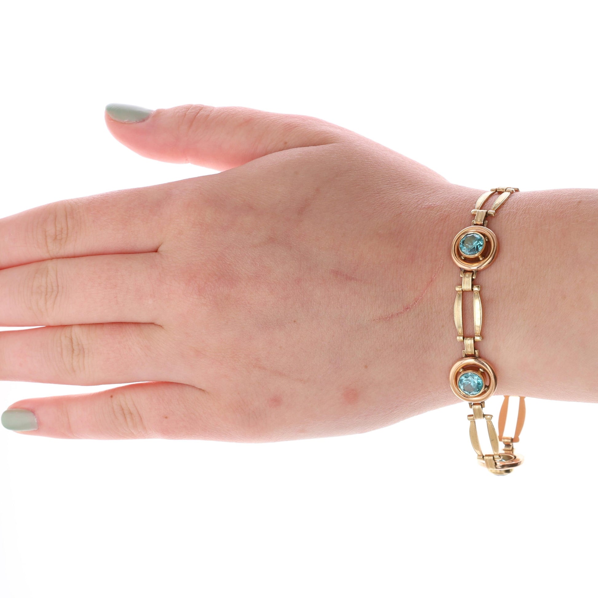 14k Yellow and Rose Blue Zircon Fashion Link Bracelet