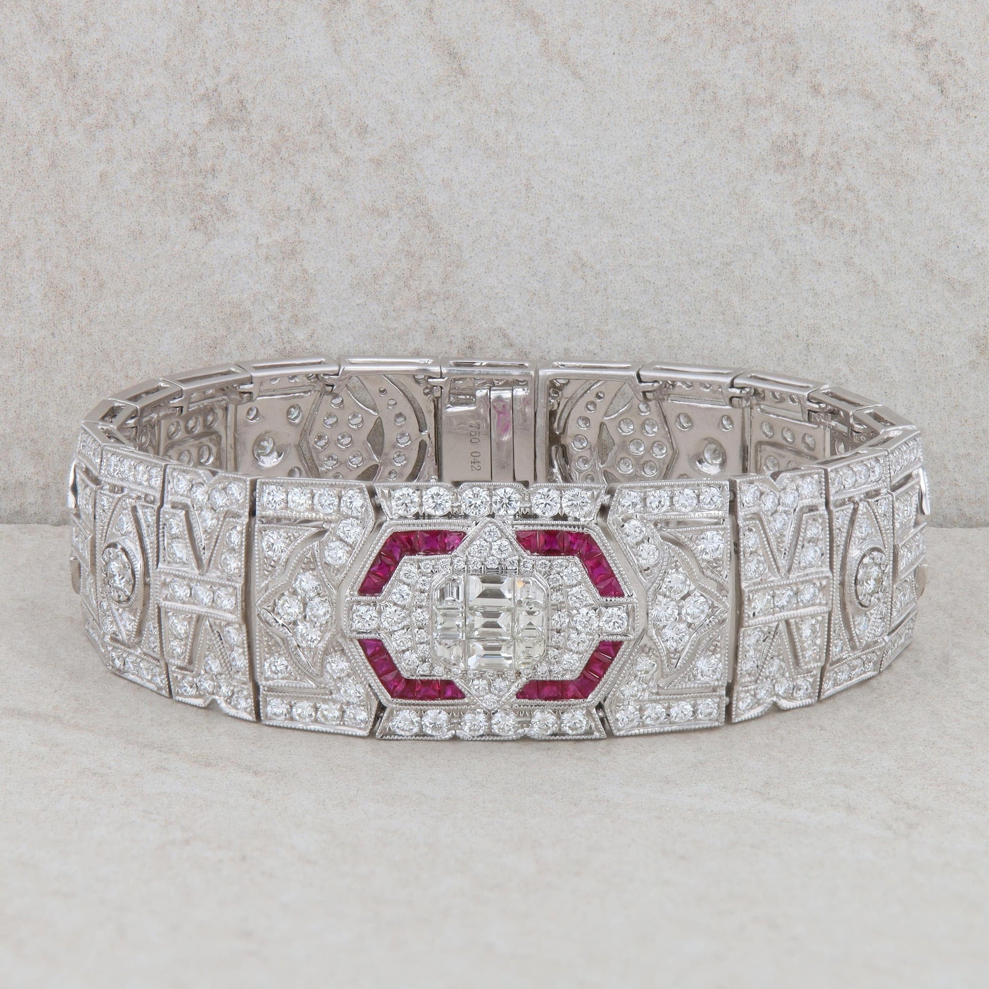 18k White Gold Diamond and Ruby Art Deco Bracelet