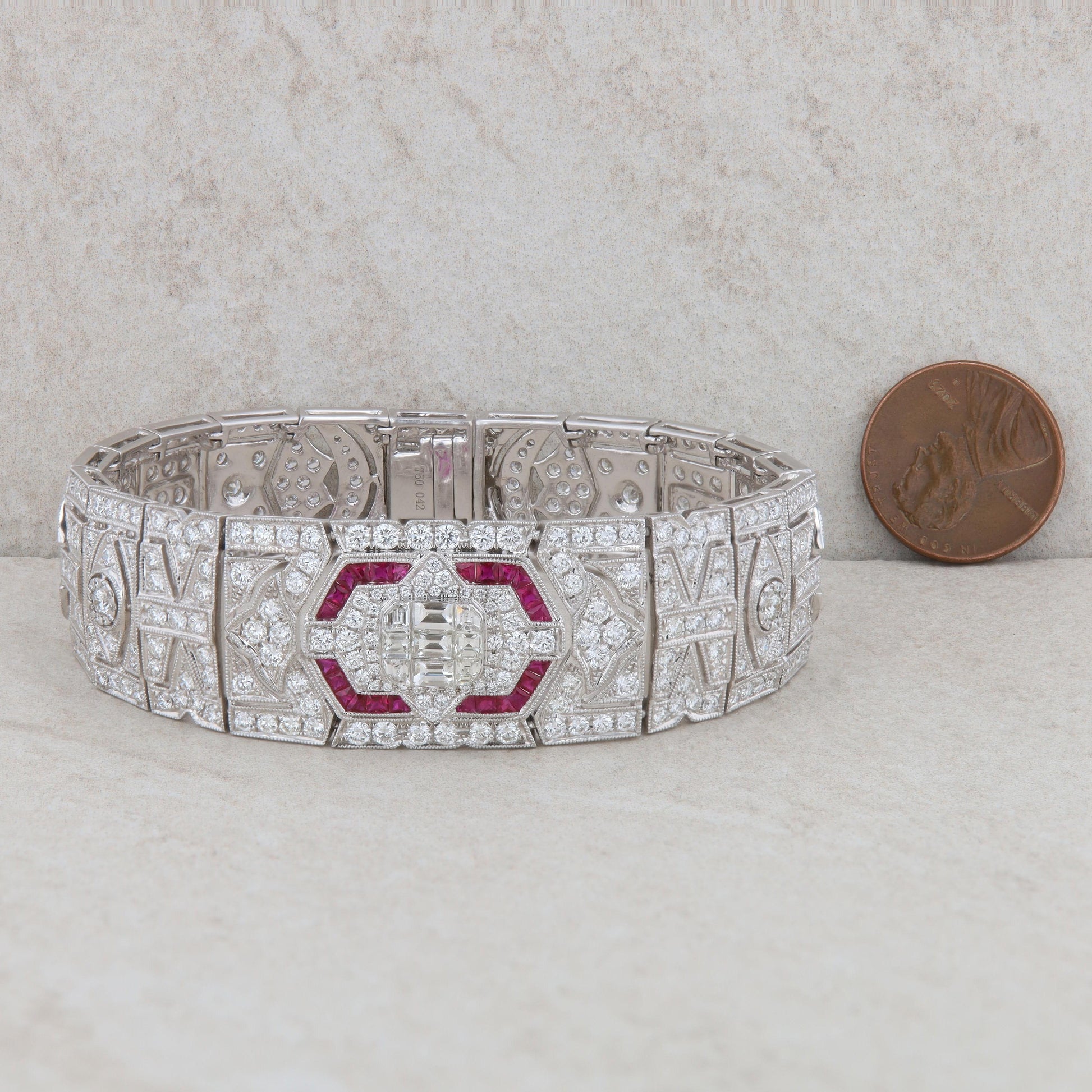 18k White Gold Diamond and Ruby Art Deco Bracelet