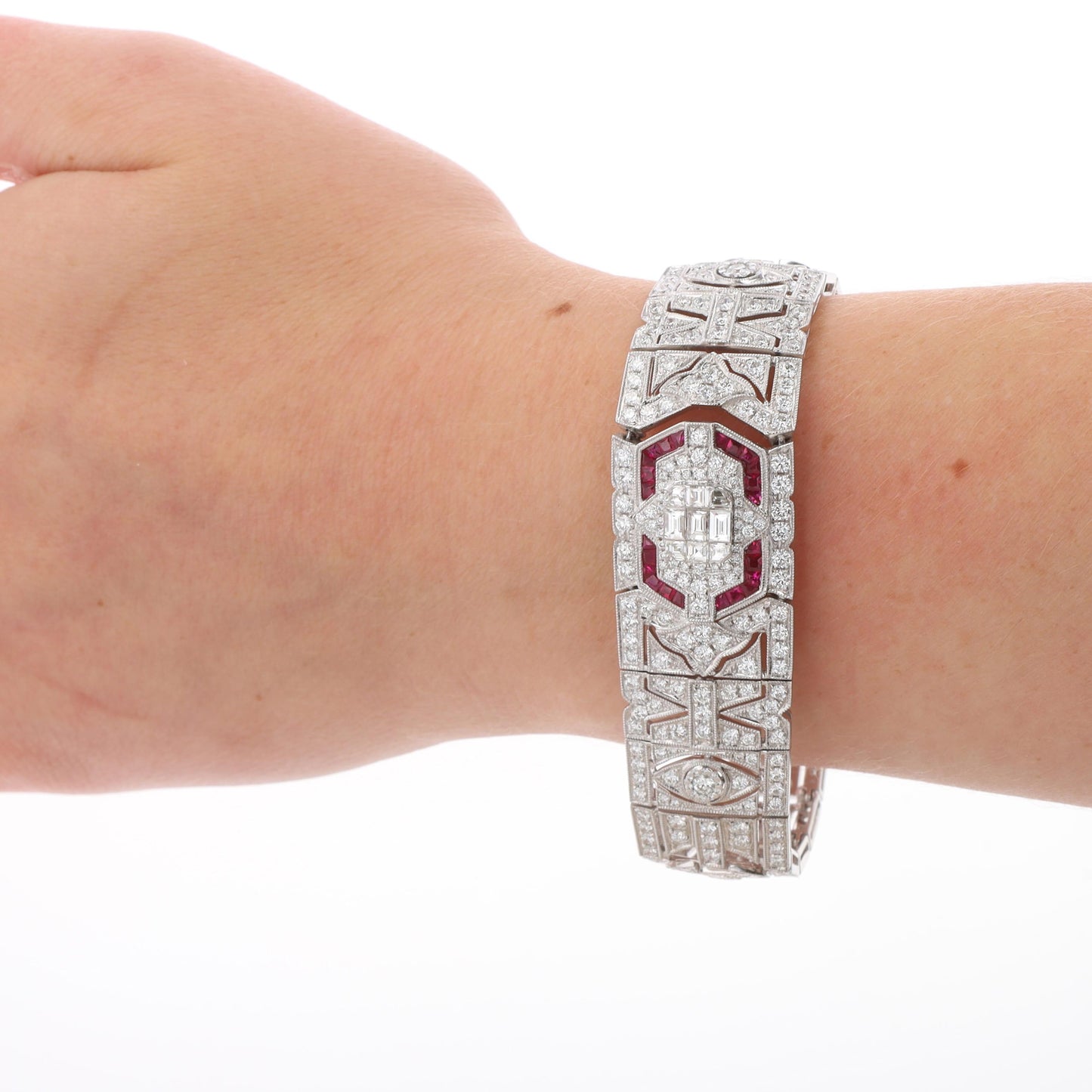 18k White Gold Diamond and Ruby Art Deco Bracelet