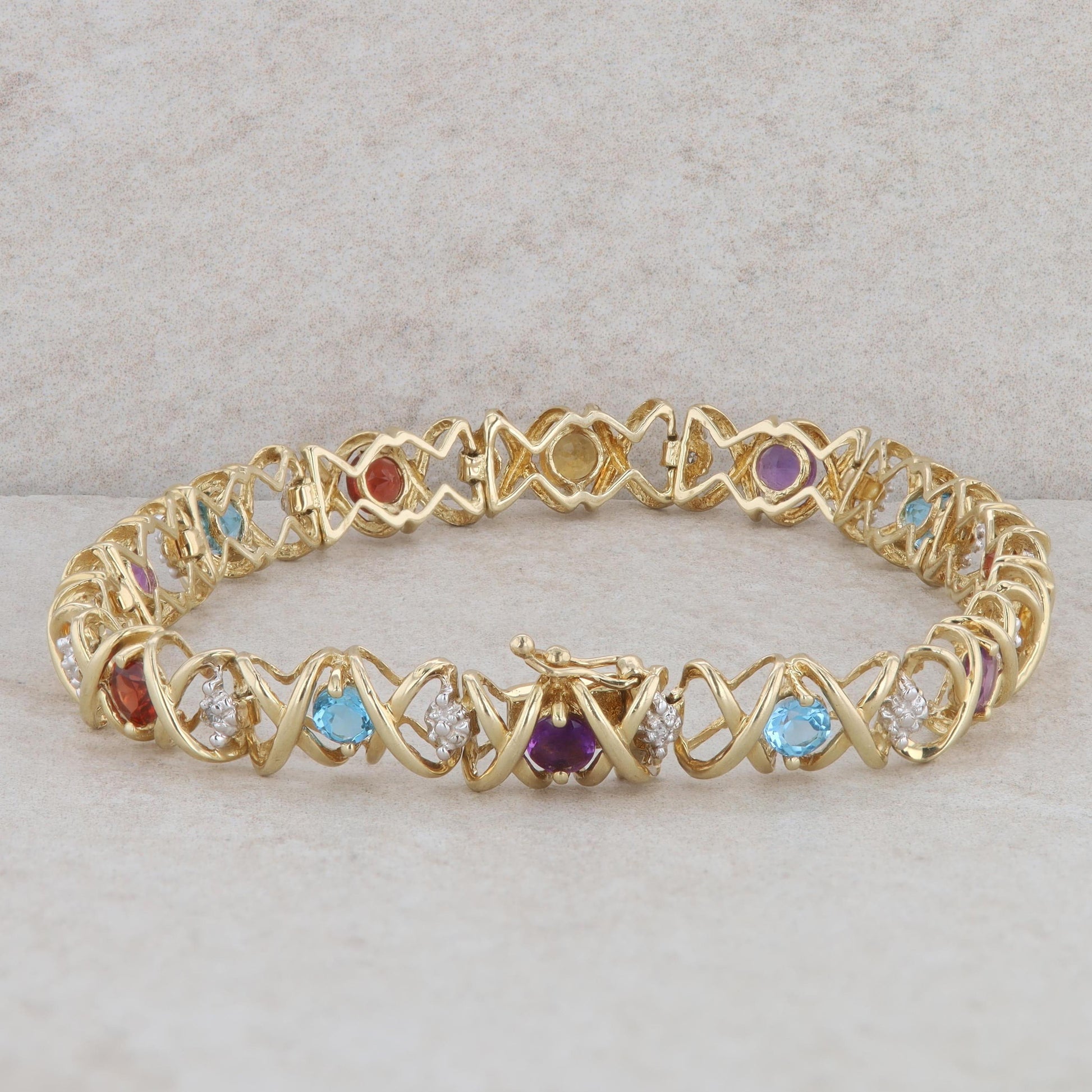 10k Yellow Gold X-O Link Multicolored Stone Bracelet