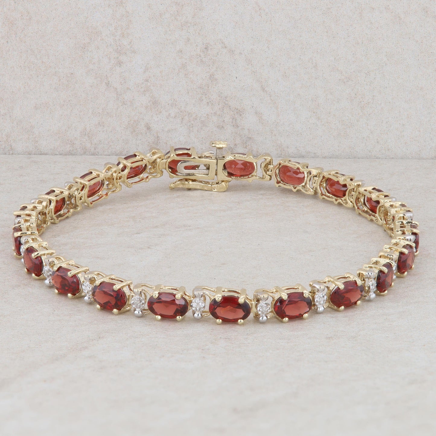 10k Yellow Gold Oval Garnet & Round Diamond Tennis Style Bracelet