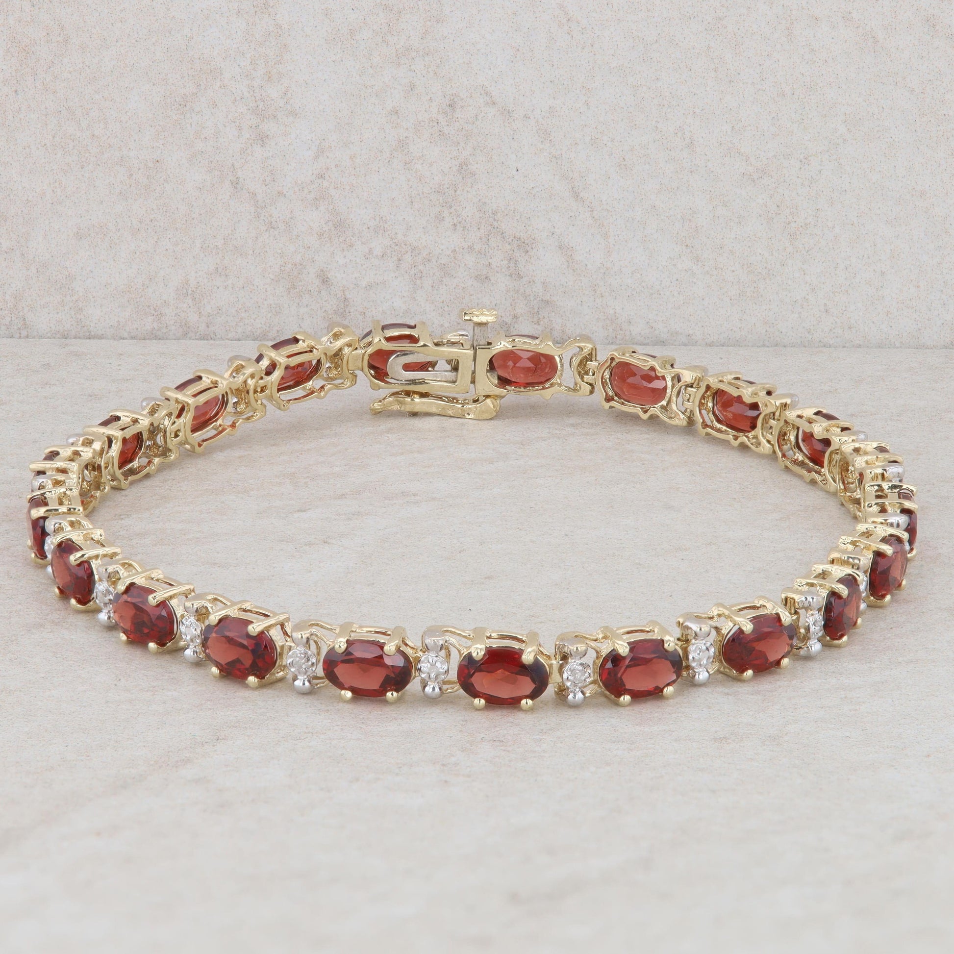 10k Yellow Gold Oval Garnet & Round Diamond Tennis Style Bracelet