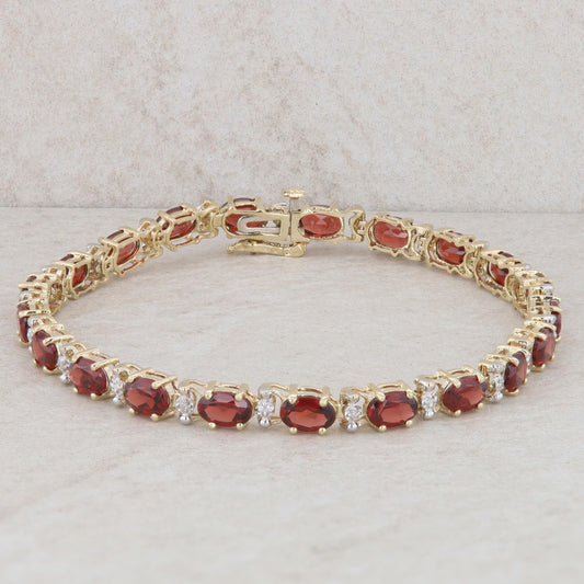 10k Yellow Gold Oval Garnet & Round Diamond Tennis Style Bracelet