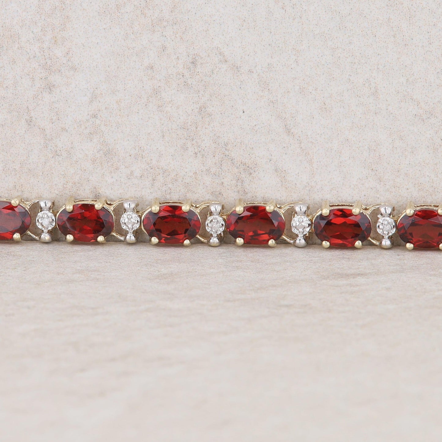 10k Yellow Gold Oval Garnet & Round Diamond Tennis Style Bracelet