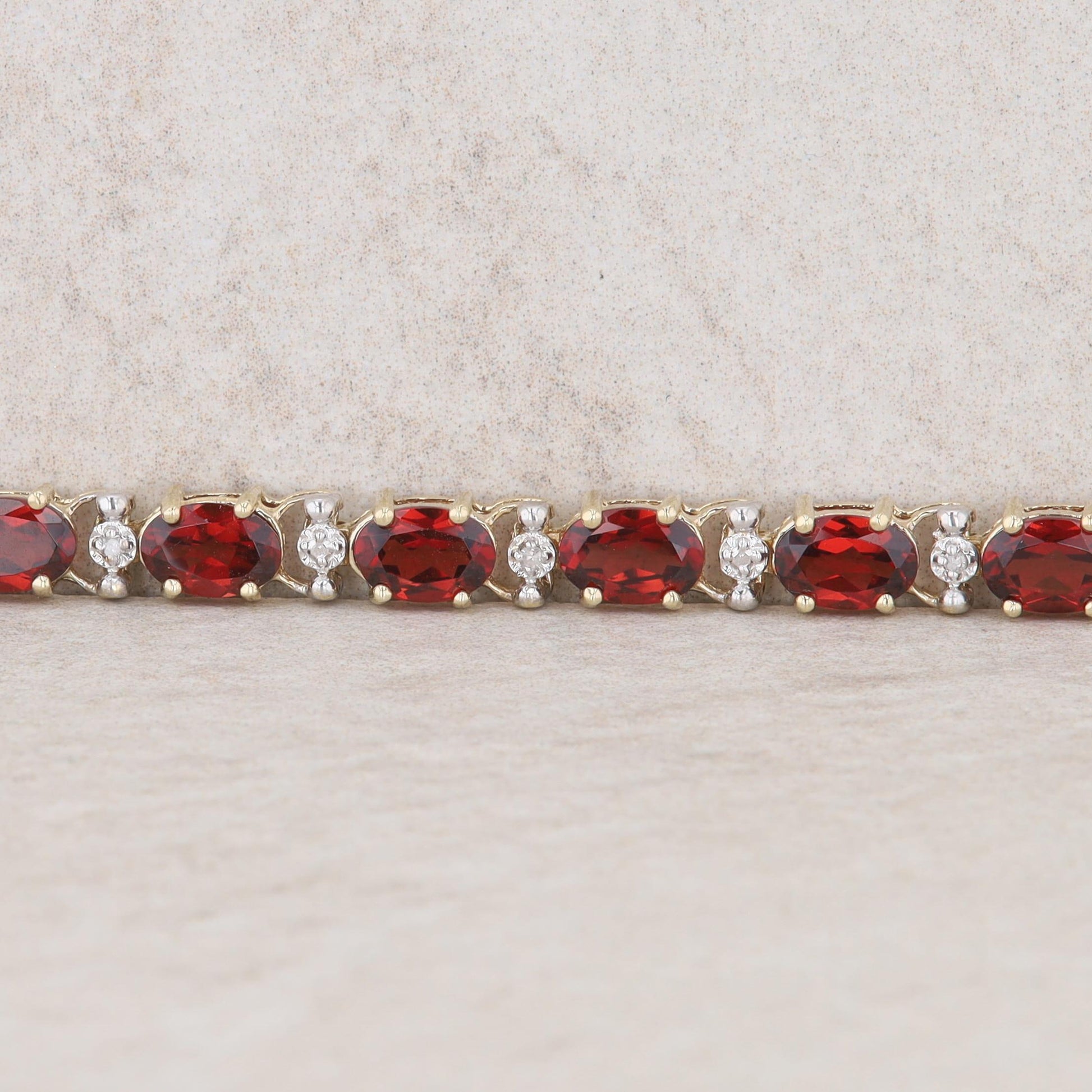 10k Yellow Gold Oval Garnet & Round Diamond Tennis Style Bracelet