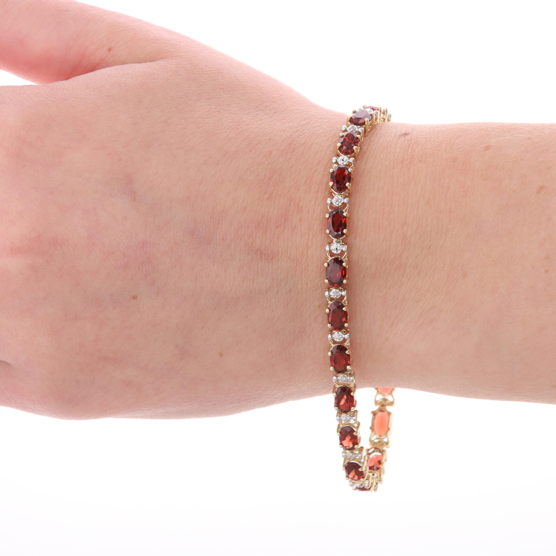 10k Yellow Gold Oval Garnet & Round Diamond Tennis Style Bracelet