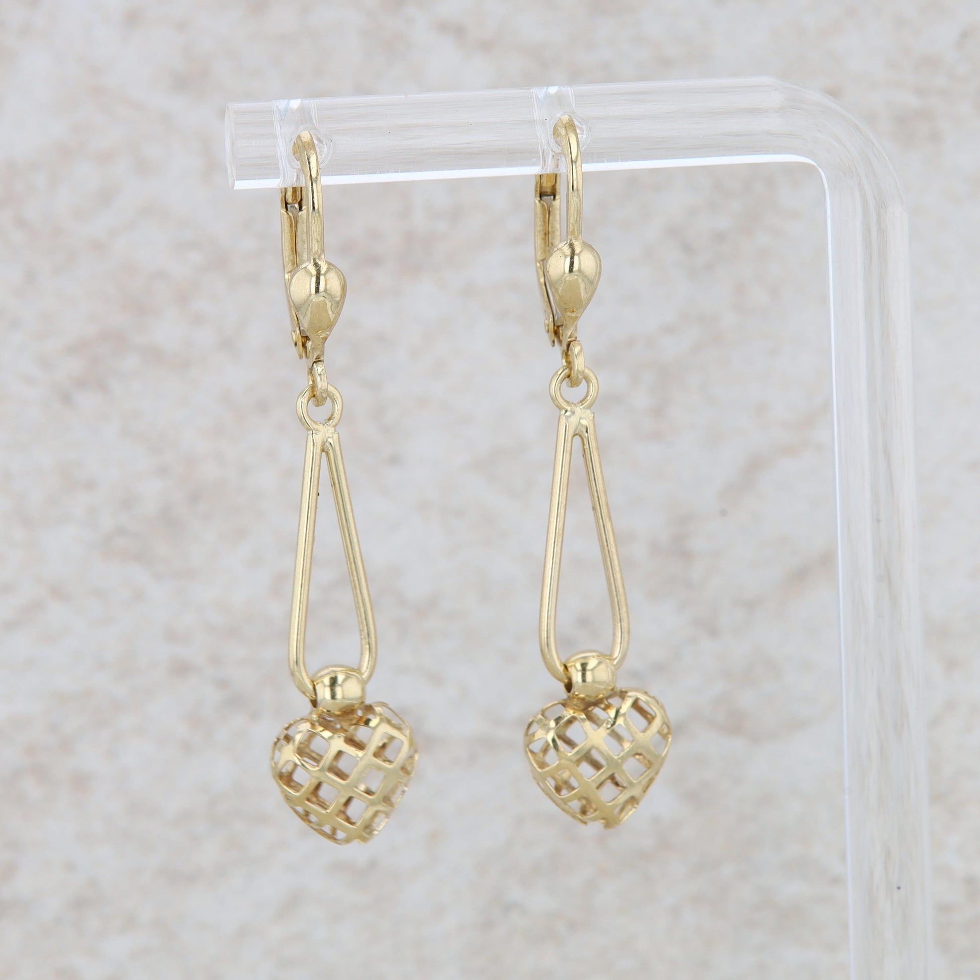 10k Yellow Gold Textured Heart Dangle Earrings 2.1g