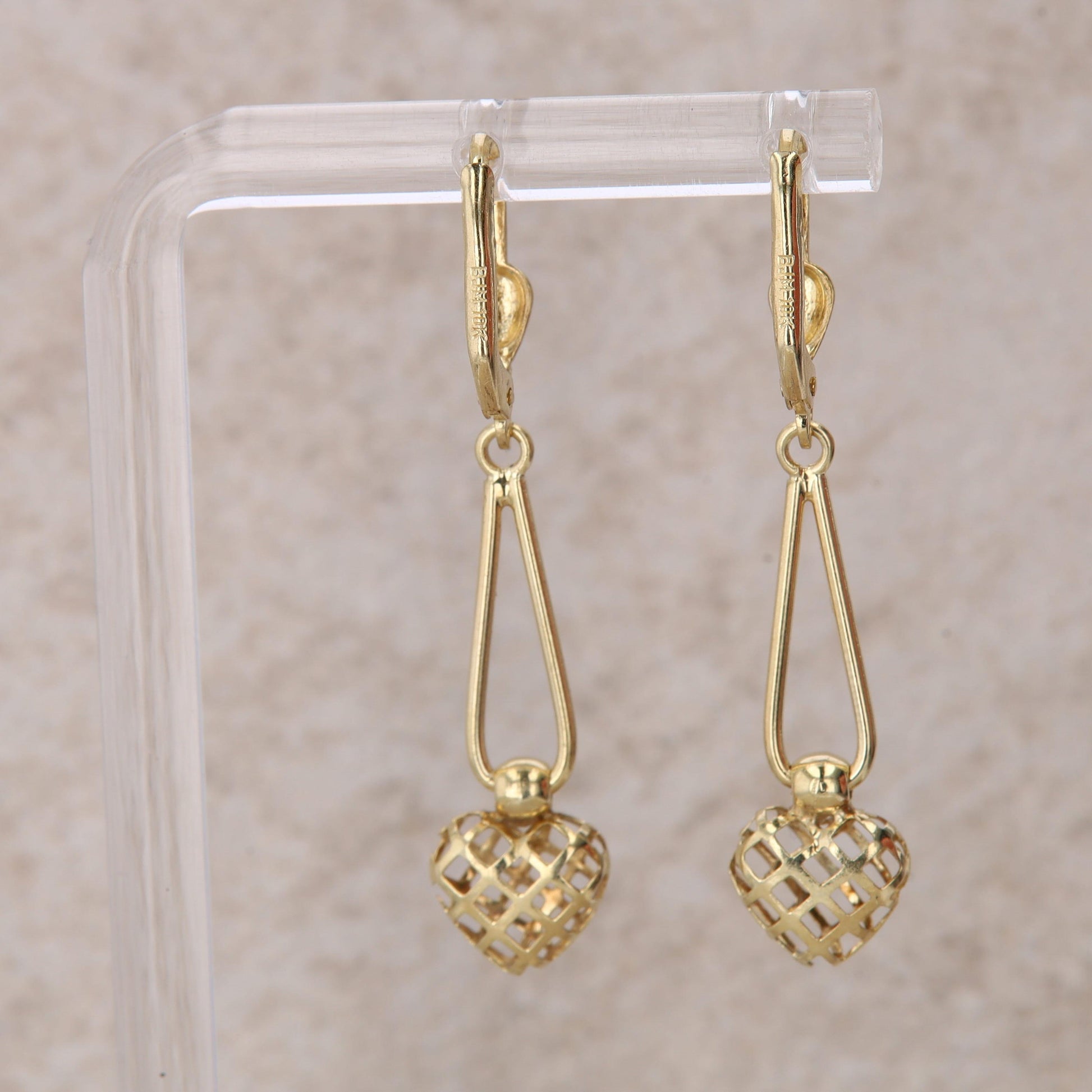 10k Yellow Gold Textured Heart Dangle Earrings 2.1g