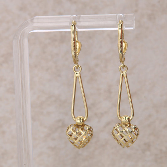 10k Yellow Gold Textured Heart Dangle Earrings 2.1g