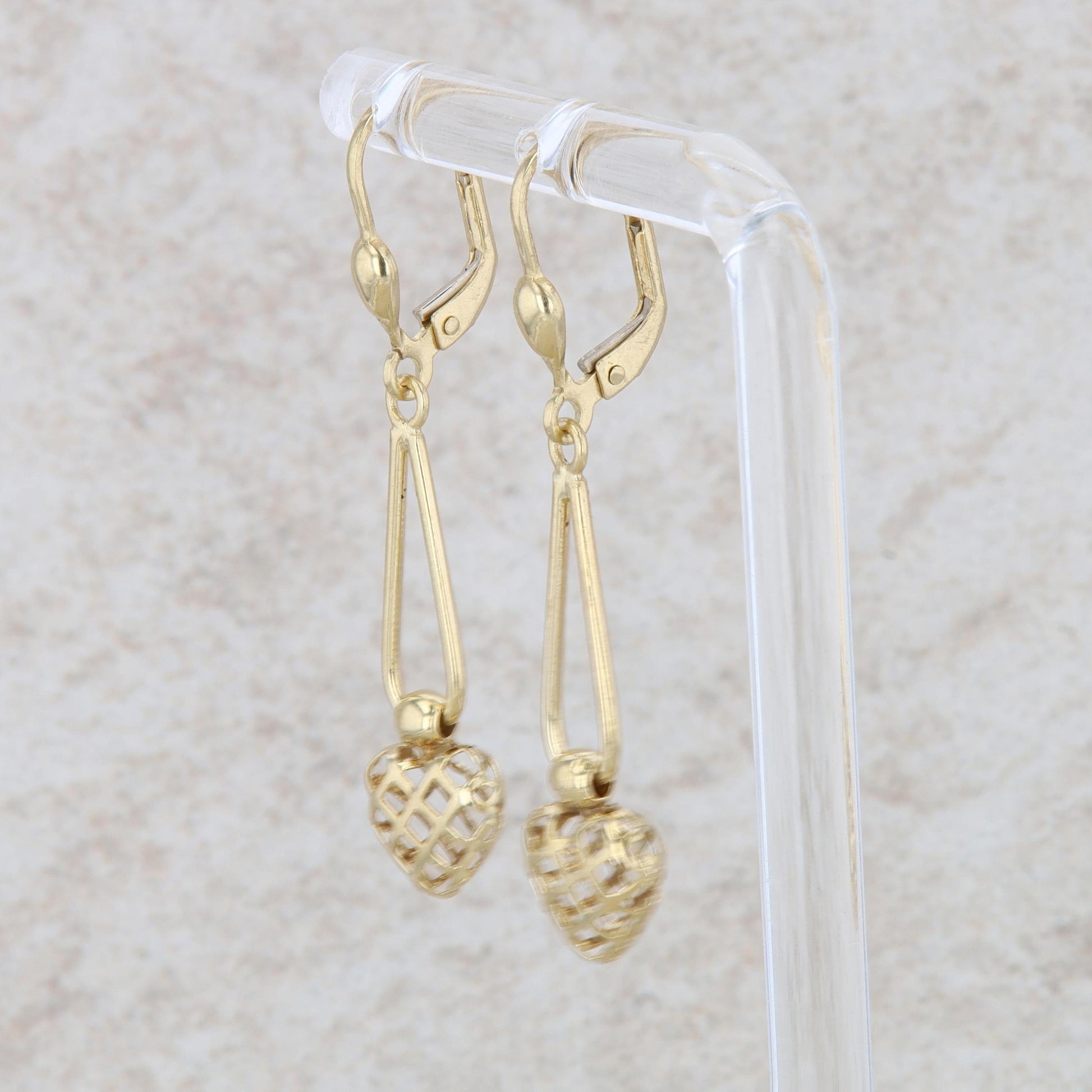 10k Yellow Gold Textured Heart Dangle Earrings 2.1g