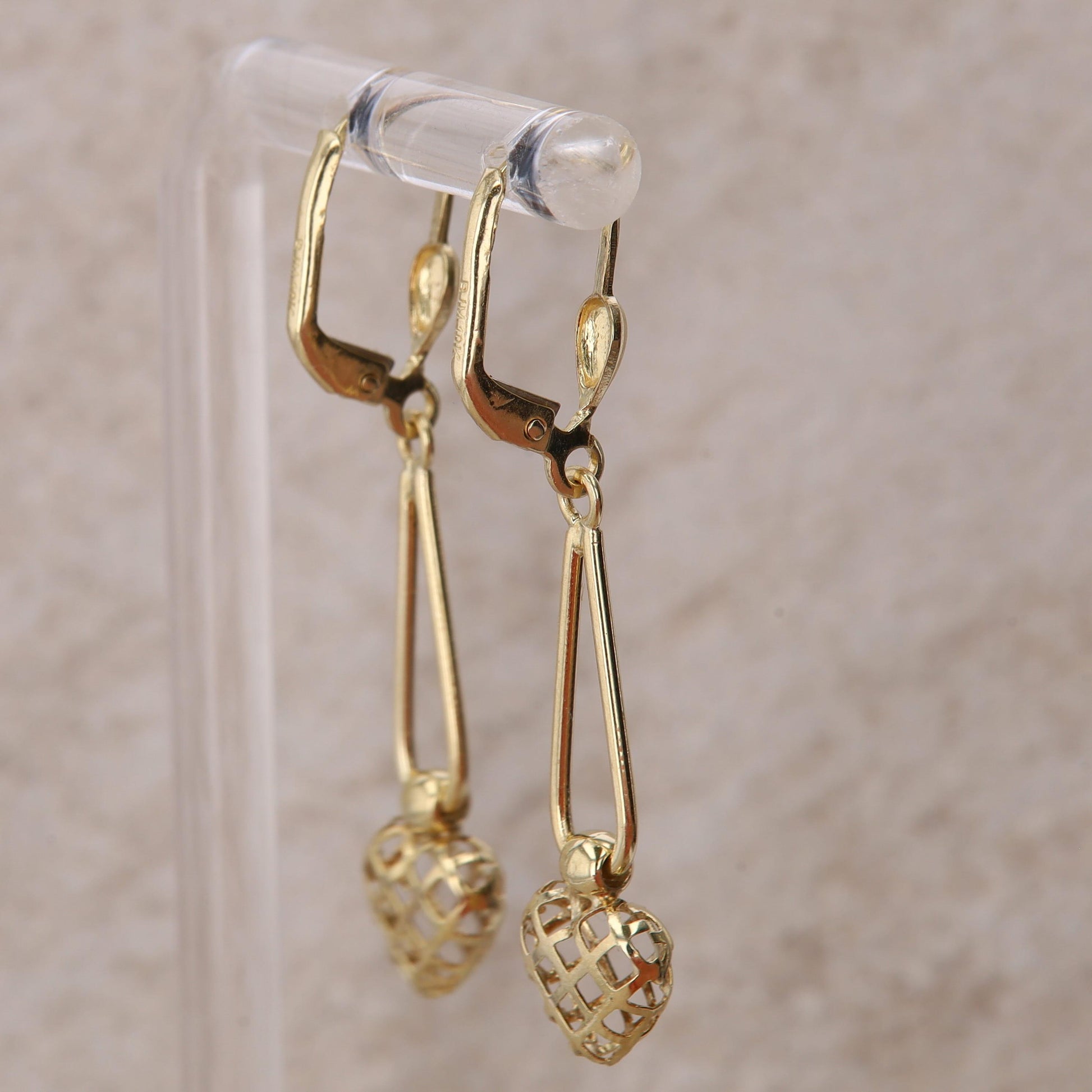 10k Yellow Gold Textured Heart Dangle Earrings 2.1g