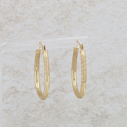 14k Yellow Gold Thin Oval Textured Hoop Earrings 1.0g