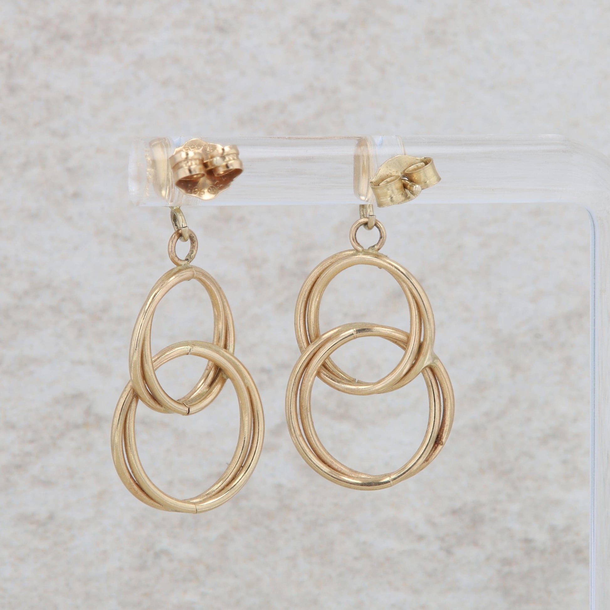 14k Yellow Gold Double Two Circle Drop Dangle Earring 1.45g