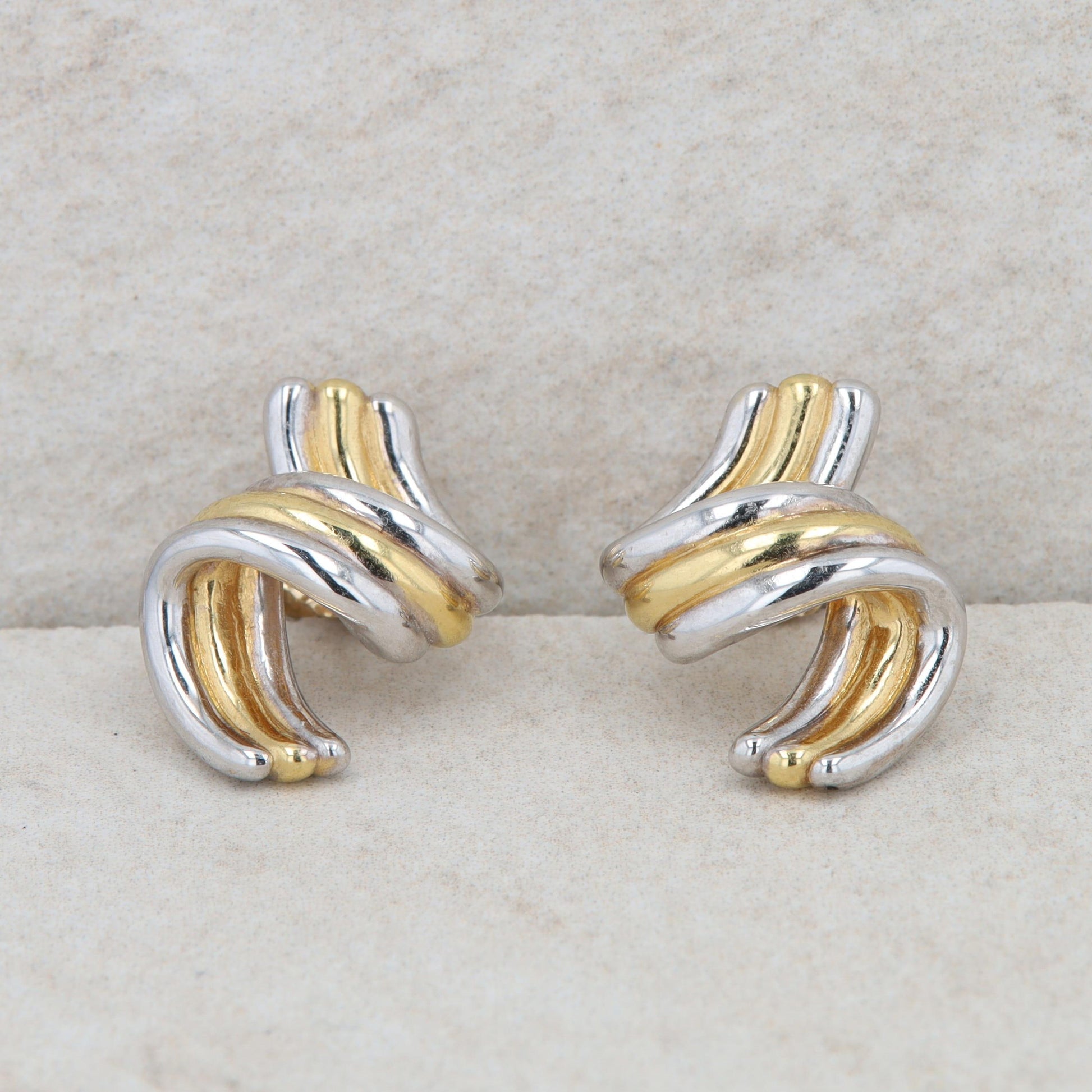 14k Two Tone Twist Three Row Stud Earring 3.34g