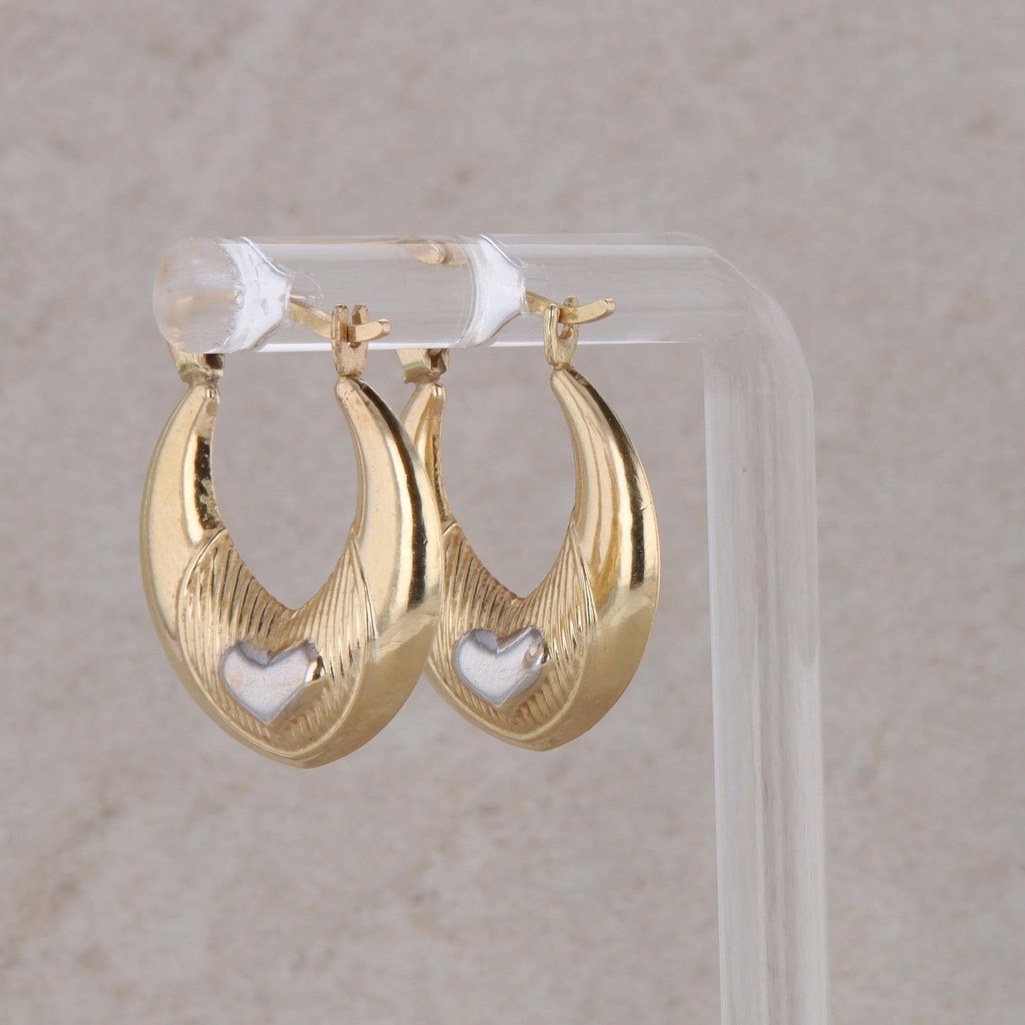 14k Yellow and White Gold Door Knocker Heart Hoop Earrings 1.5g