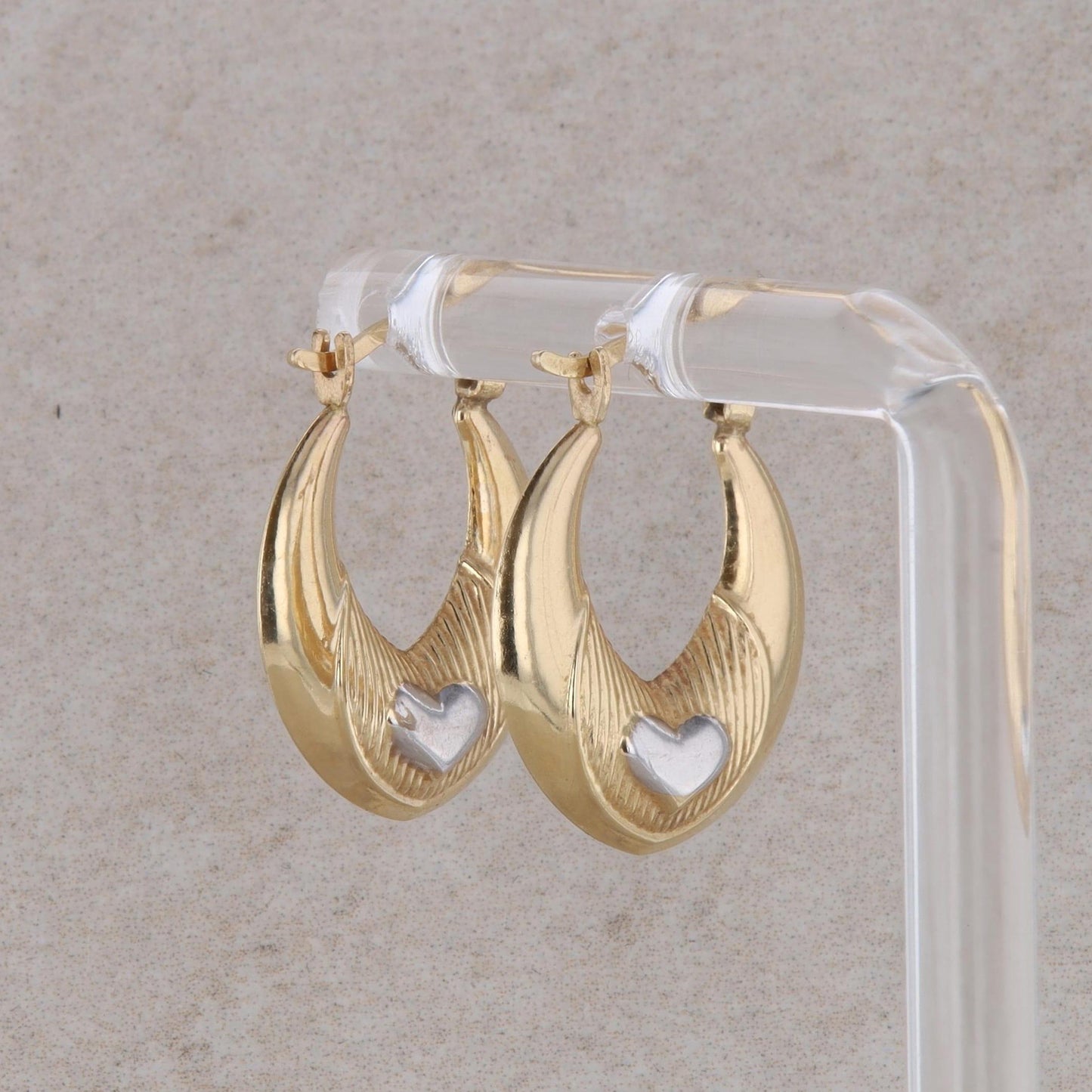 14k Yellow and White Gold Door Knocker Heart Hoop Earrings 1.5g