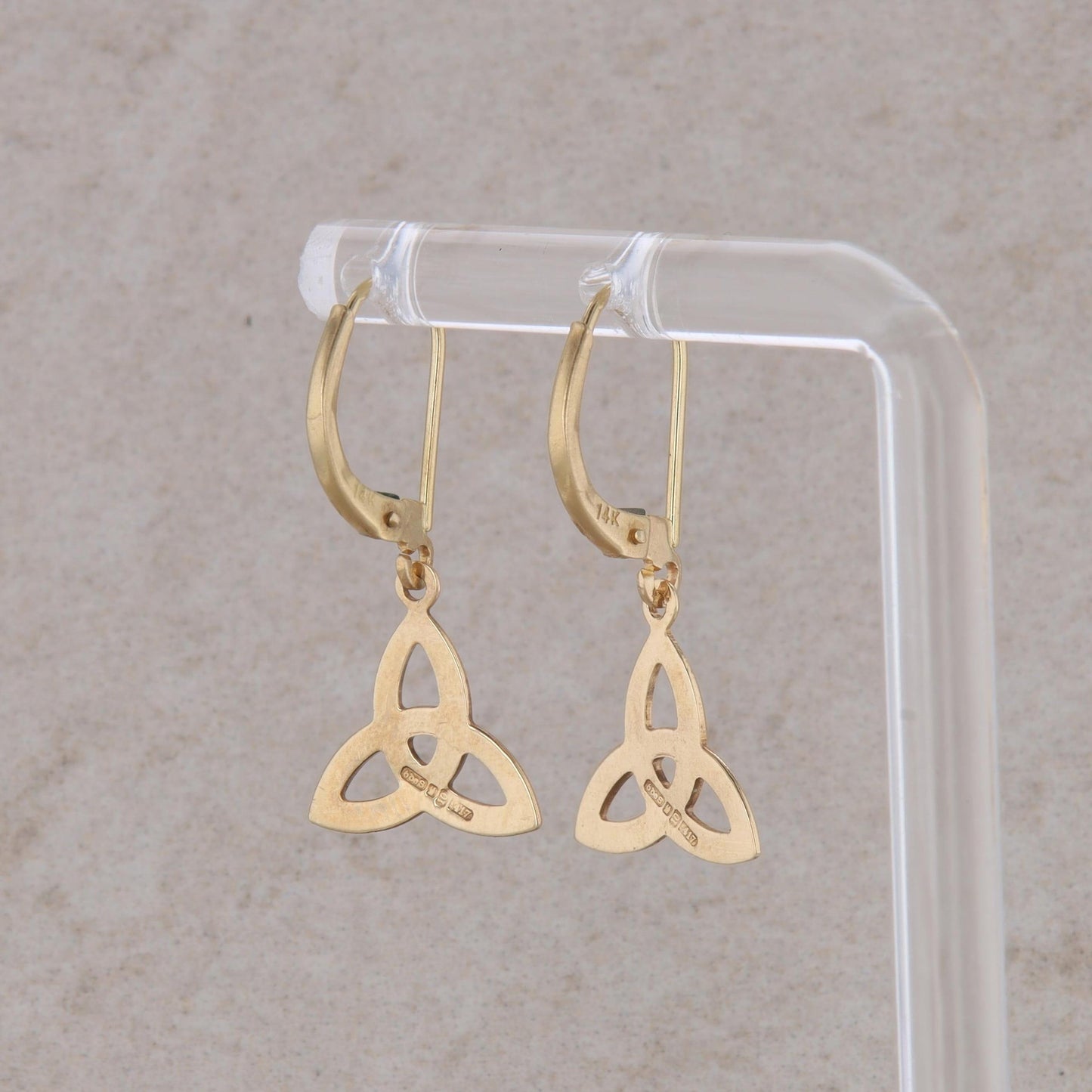 14k Yellow Gold Celtic Trinity Knot Dangle Leverback Earrings