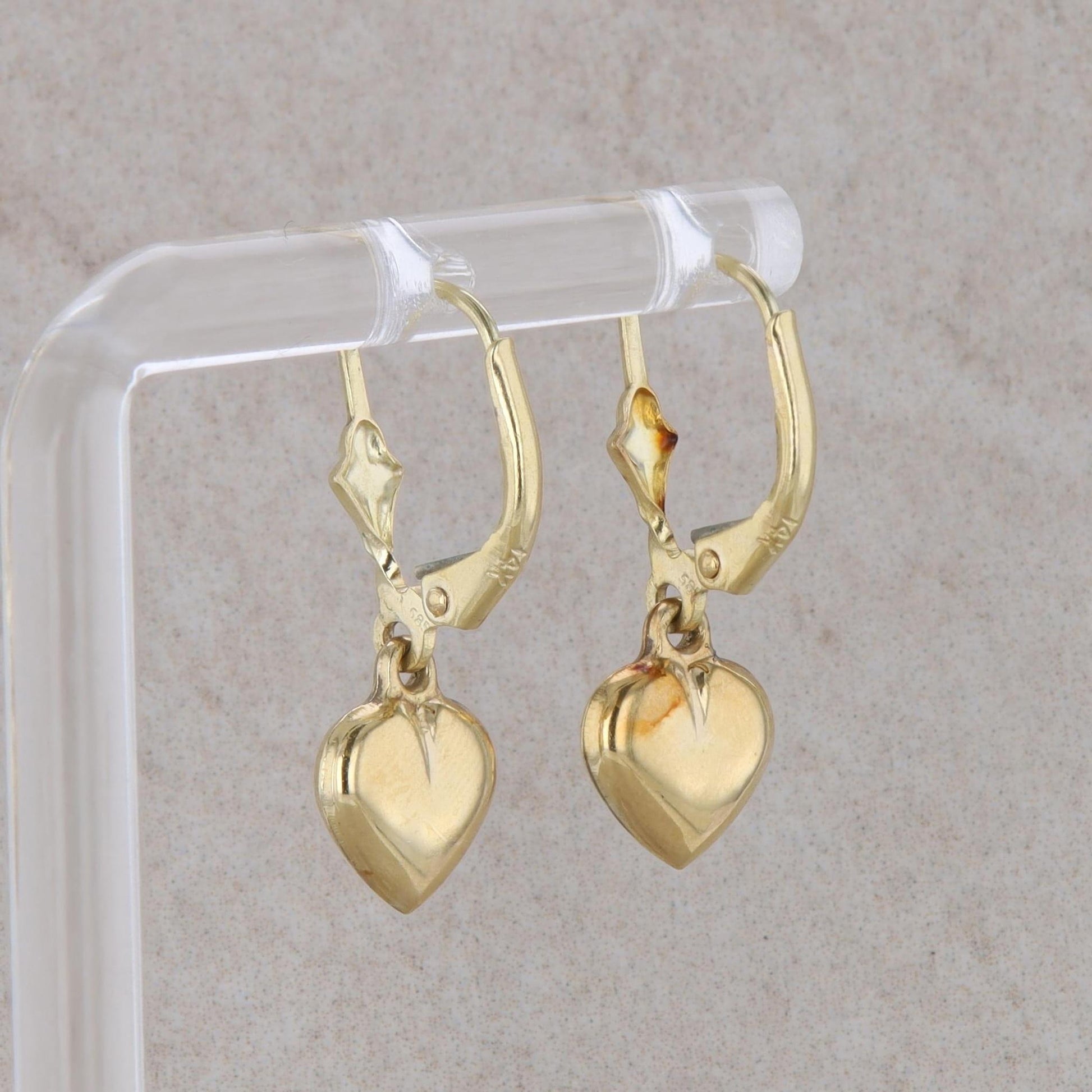 14k Yellow Gold Heart Dangle Leverback Earrings 1.63g