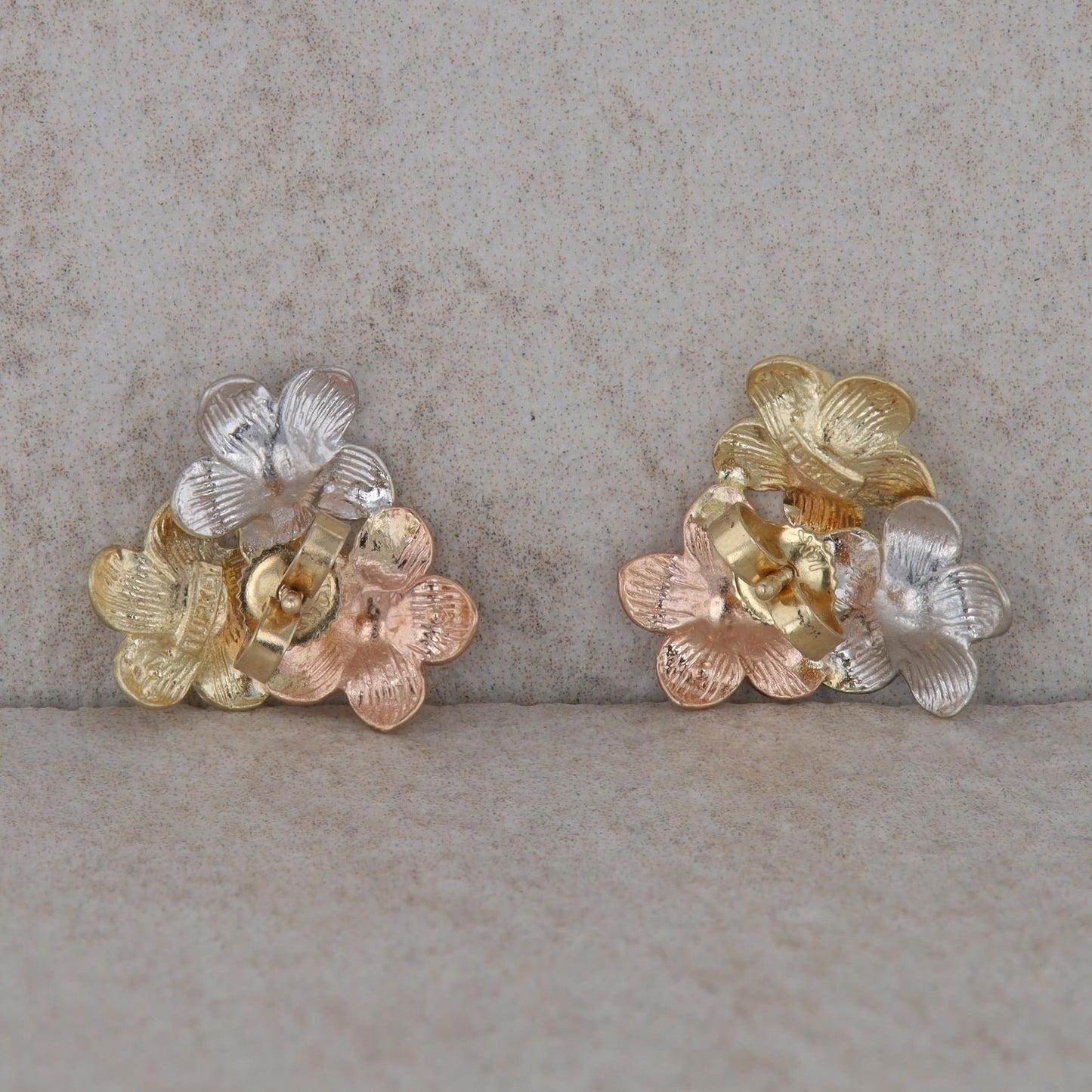 14k Tri Tone Gold Flower Stud Earrings