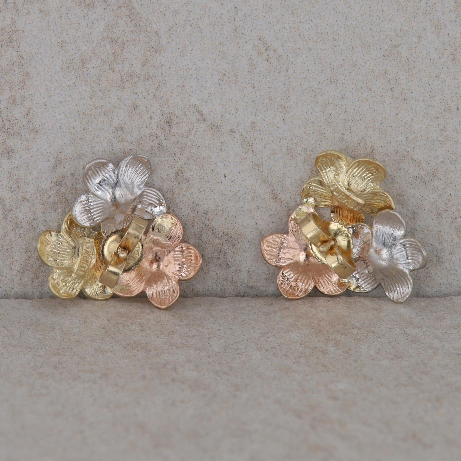 14k Tri Tone Gold Flower Stud Earrings